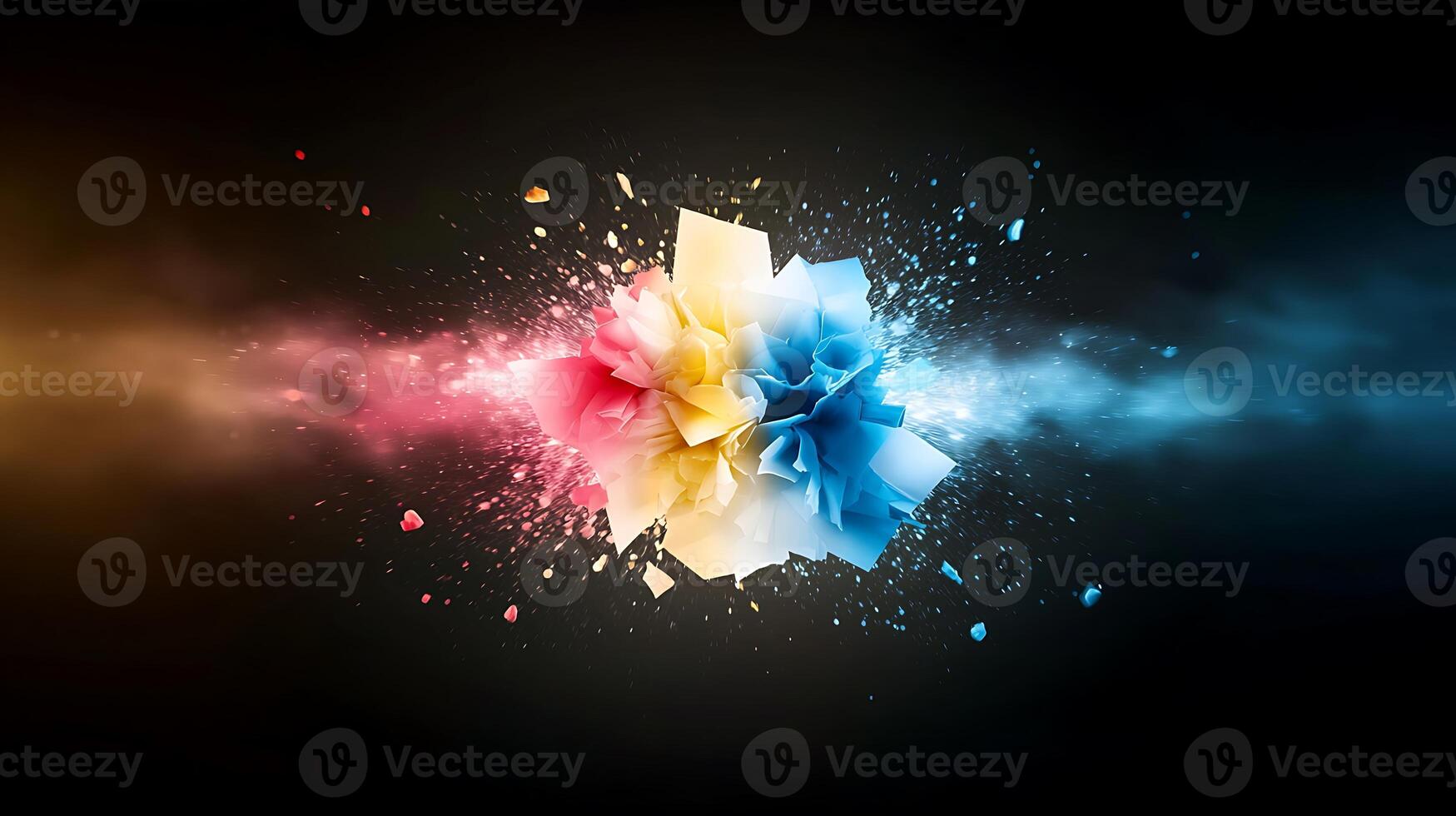 Colorful explosion of paper-like textures creating a vibrant visual effect against a dark backdrop photo