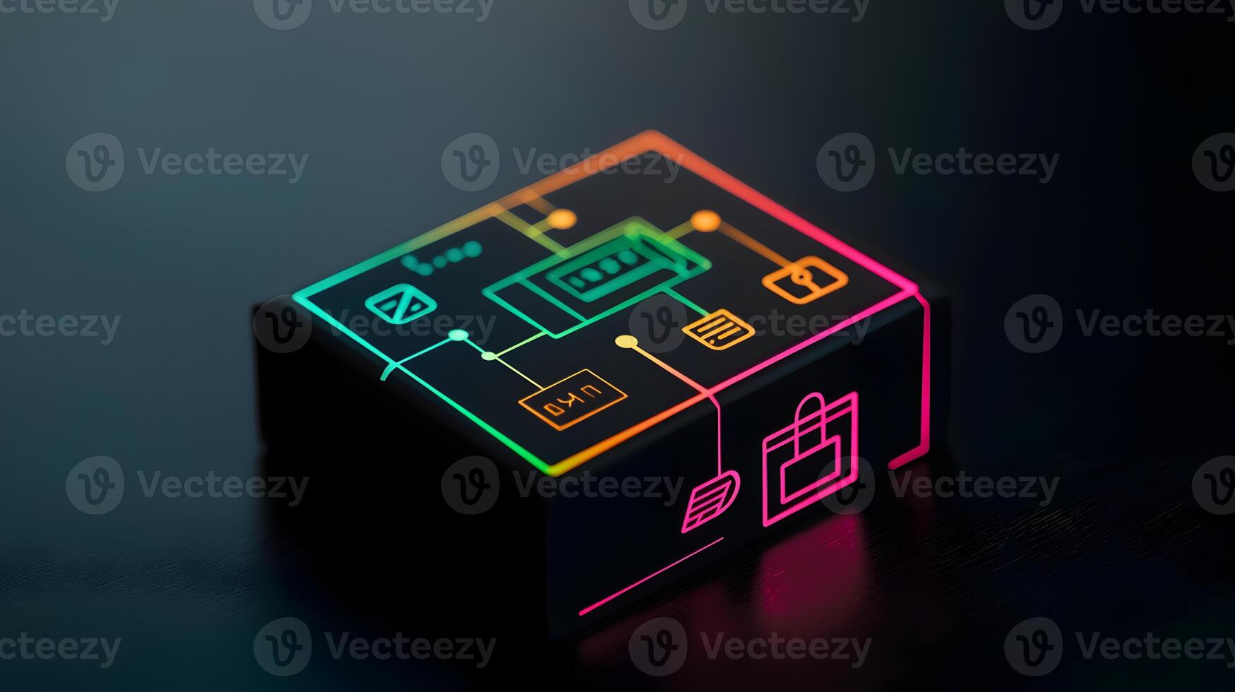 Colorful electronic device with glowing circuit patterns on a dark surface, showcasing technology photo