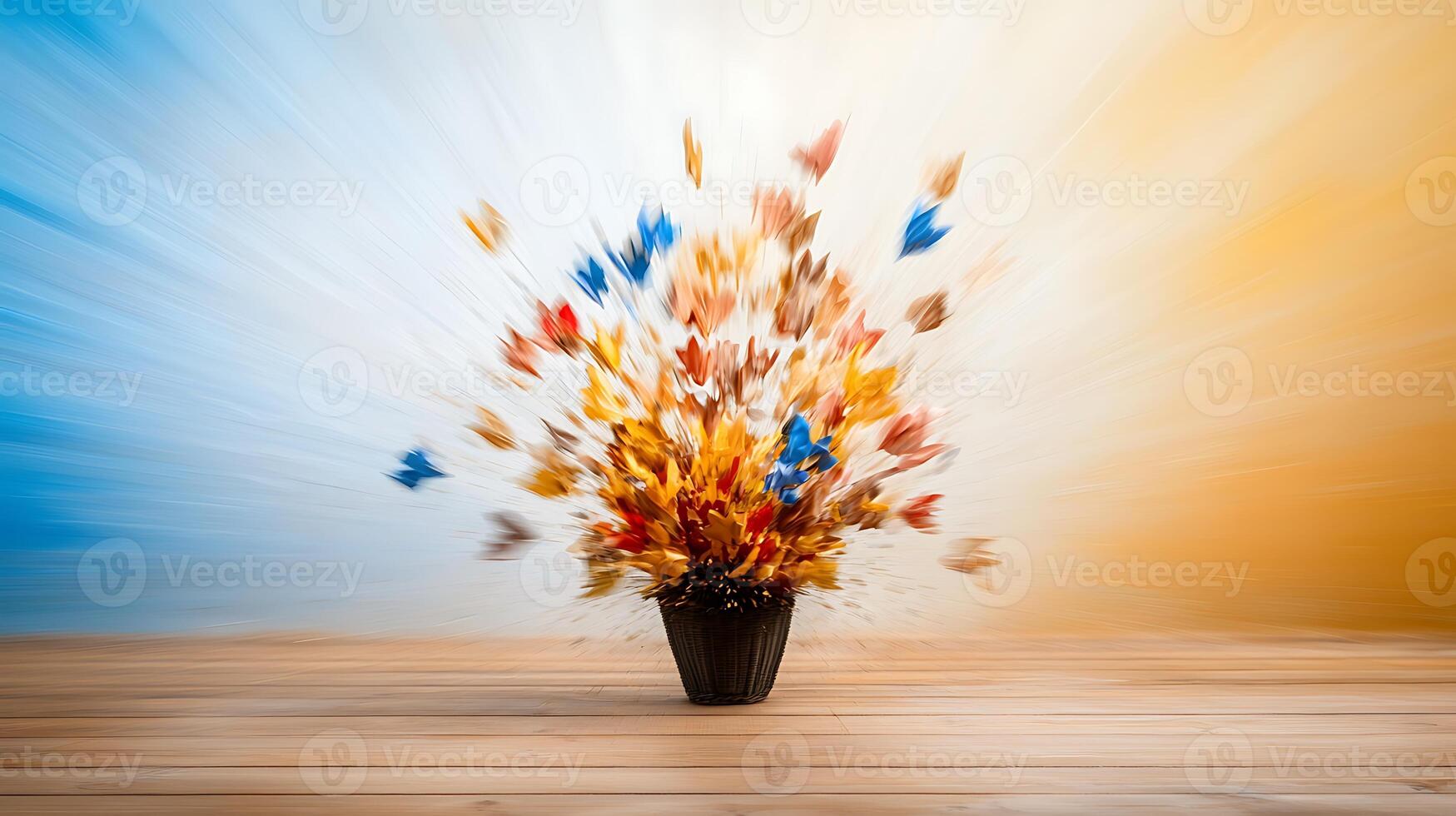 Colorful explosion of autumn leaves from a black pot against a blurred warm background photo
