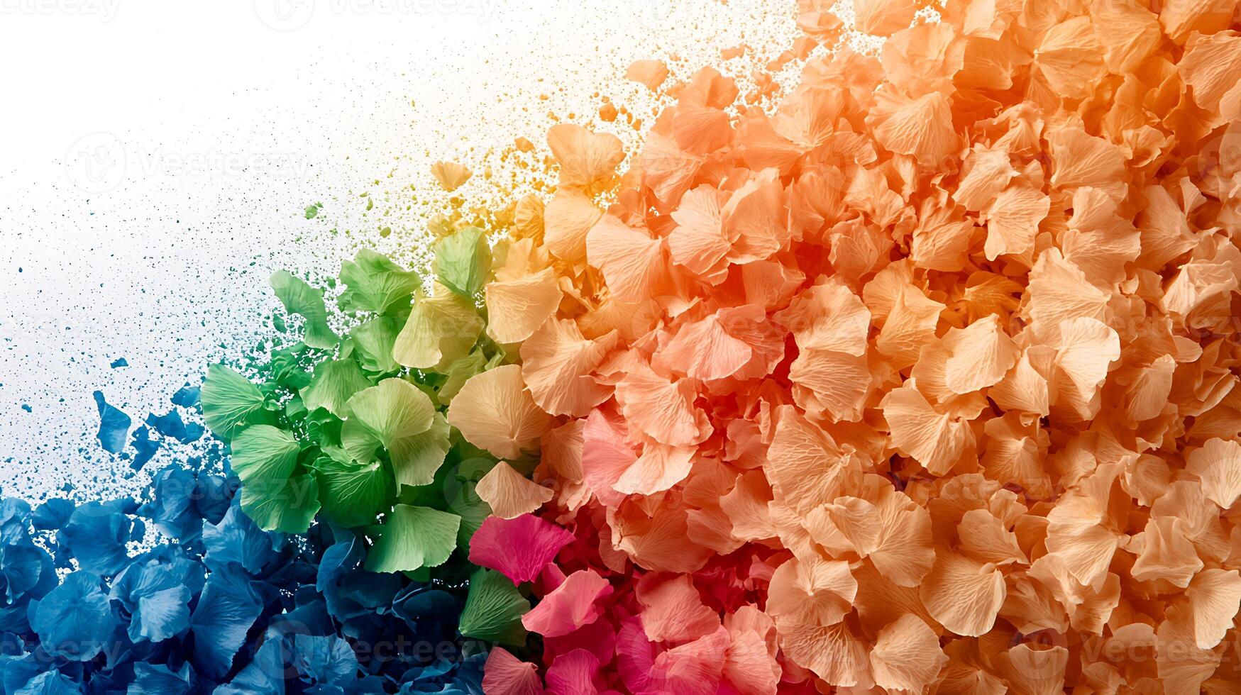Colorful explosion of flower petals scattered artistically on a white background, creating a vibrant scene photo