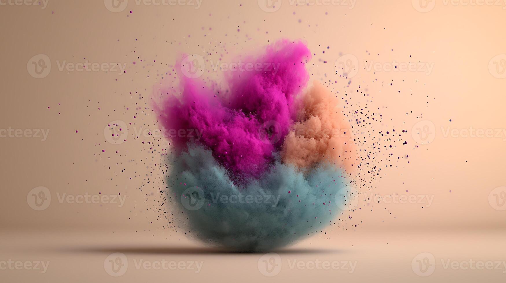 Colorful explosion of powder pigments creating a dynamic visual effect on a neutral background photo