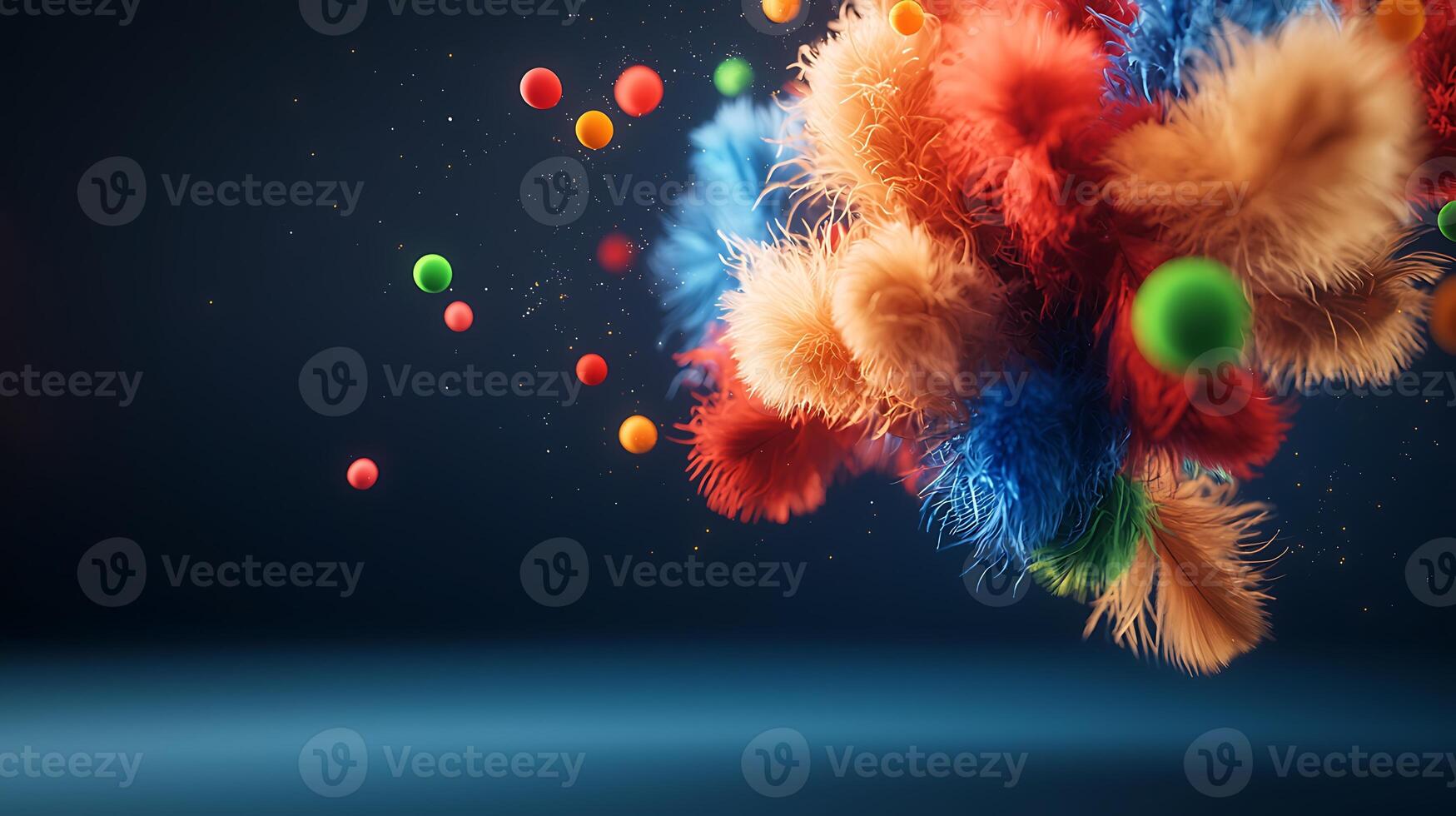 Colorful explosion of soft, fluffy textures with vibrant spheres against a dark background photo