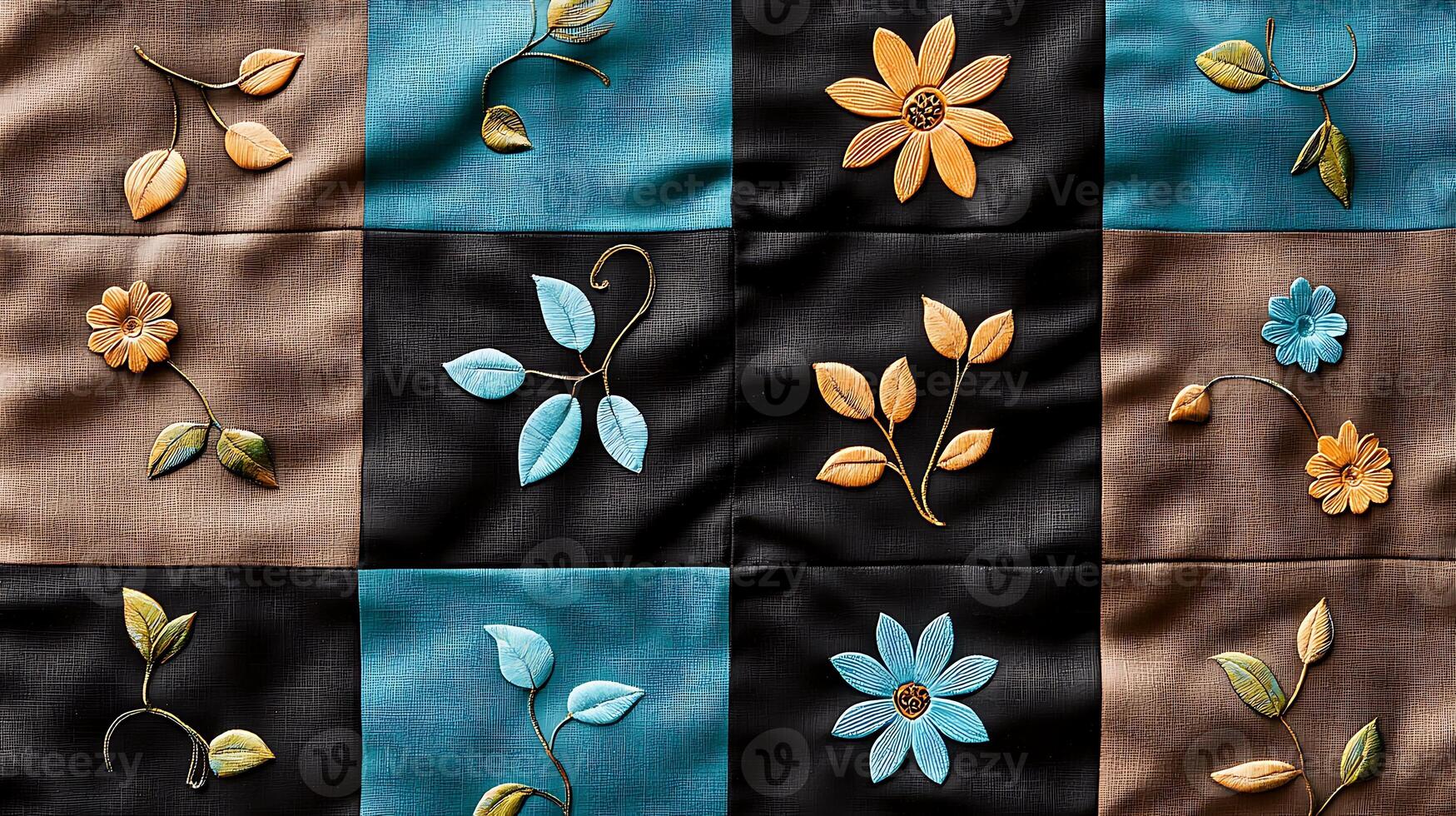 Colorful embroidered floral patterns on fabric squares, showcasing intricate designs and textures photo