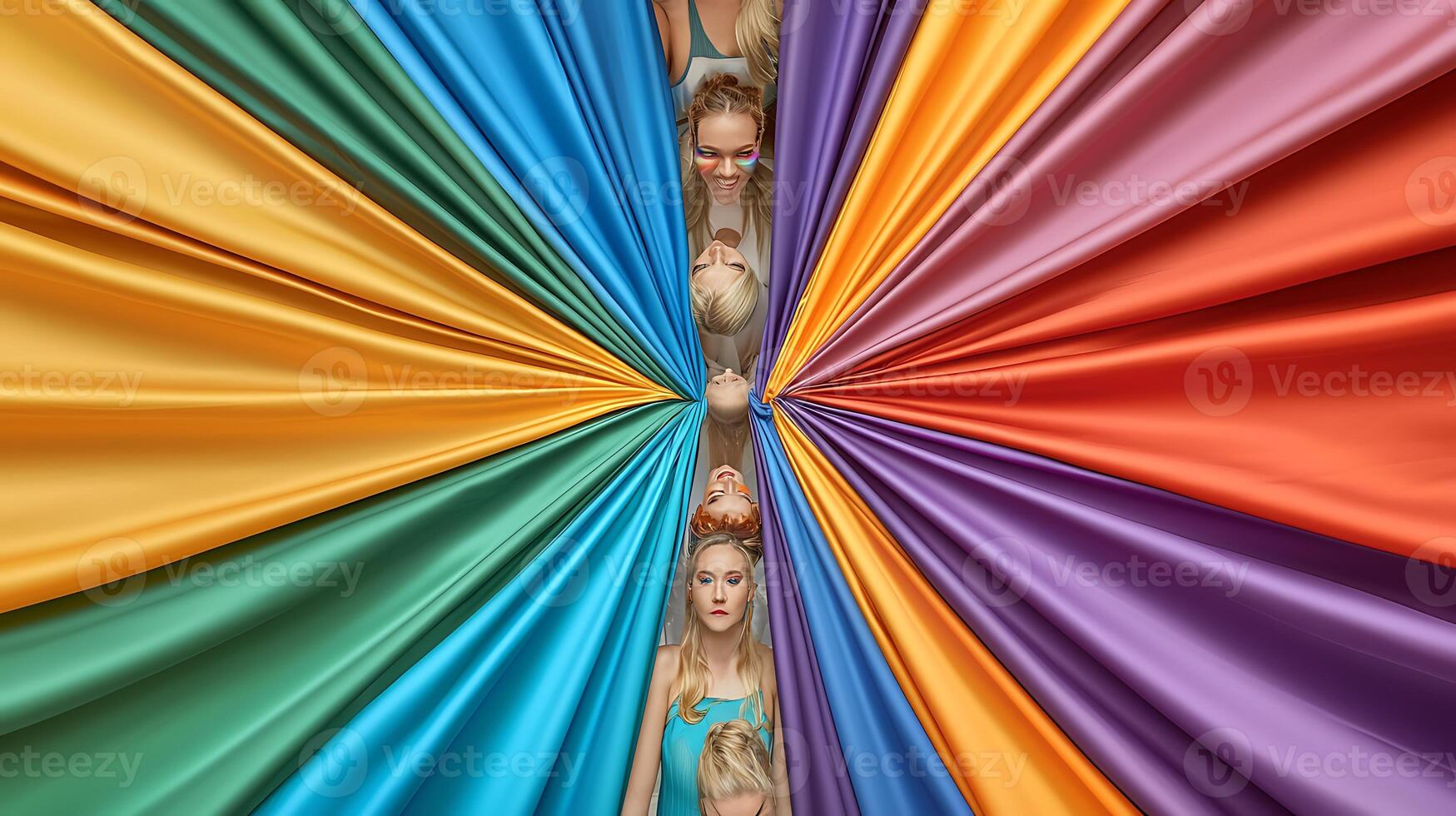Colorful fabric drapes radiating from a central point with models posing, creating a vibrant scene photo