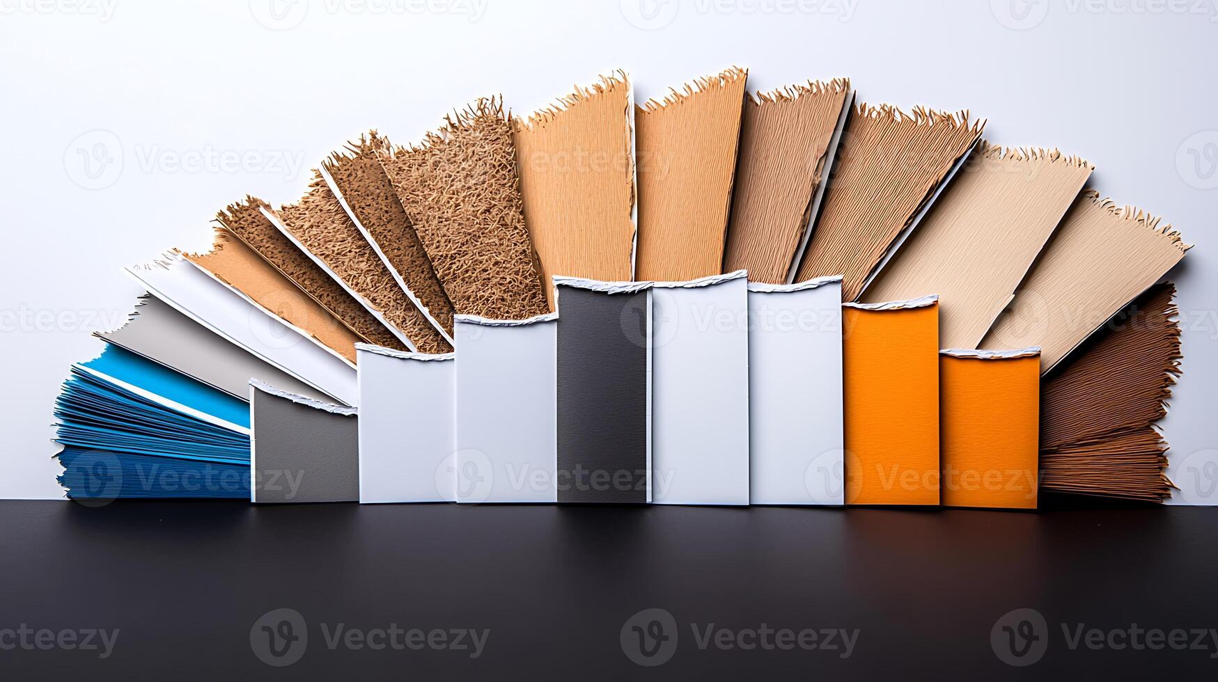 Colorful fabric swatches arranged in a fan shape on a dark surface with a neutral backdrop photo