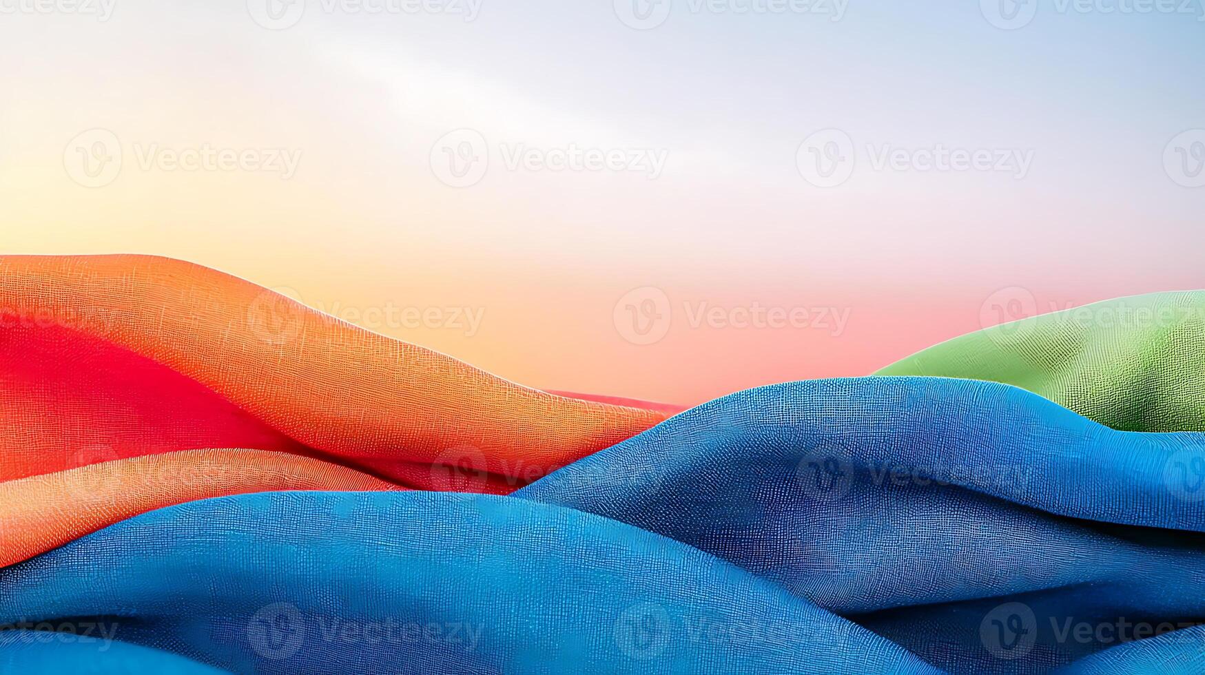 Colorful fabric waves against a serene sunset backdrop, creating a tranquil atmosphere photo