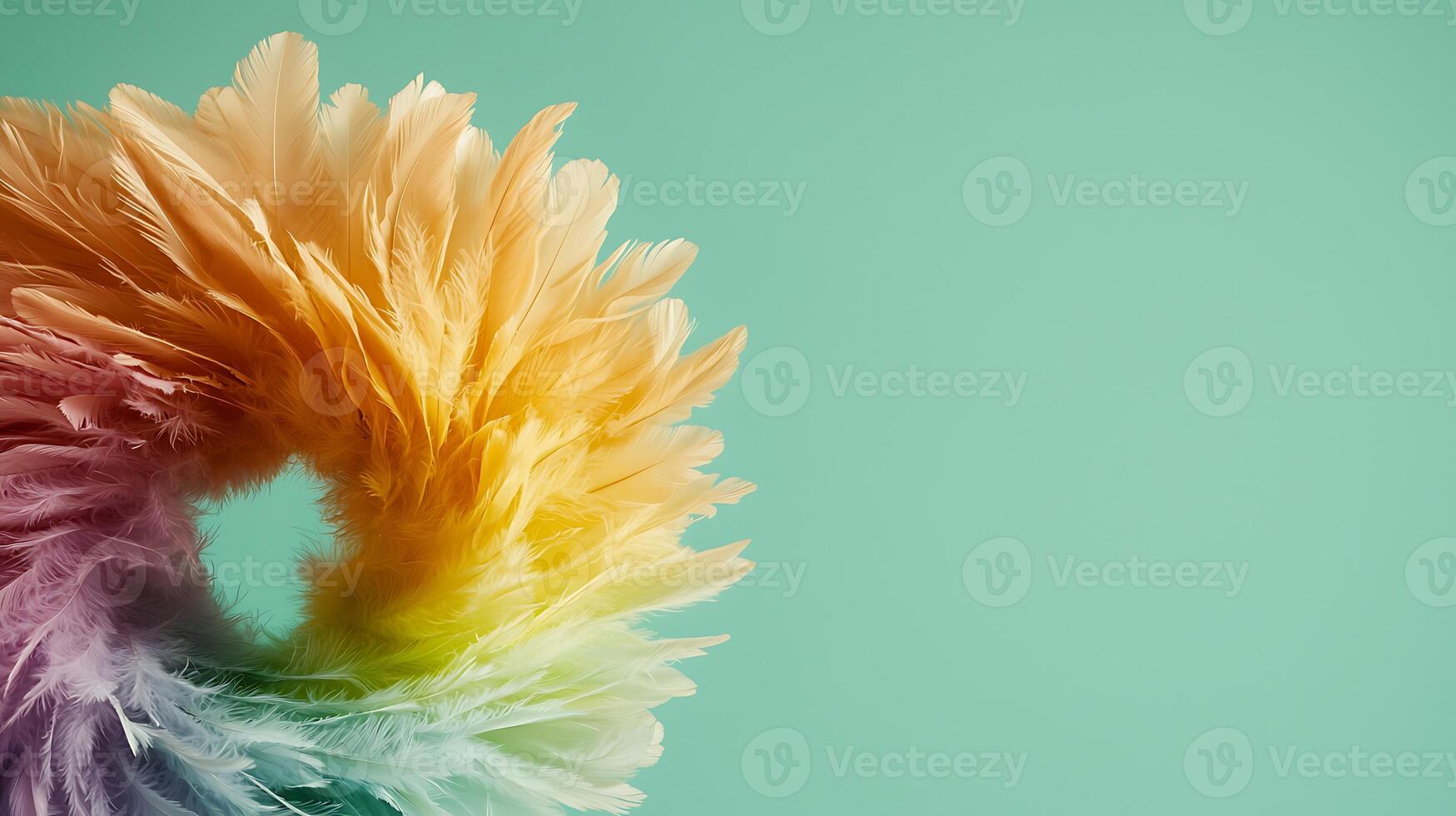 Colorful feather wreath on a soft pastel background, creating a vibrant and artistic display photo