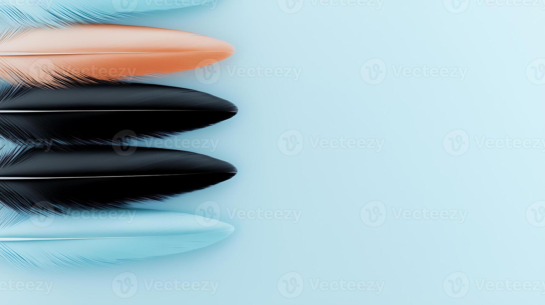 Colorful feathers arranged artistically on a soft blue background, showcasing texture and beauty photo