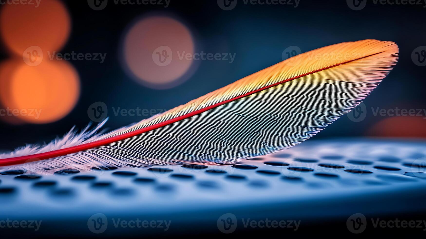 Colorful feather resting on a speaker, with blurred lights creating a vibrant background photo