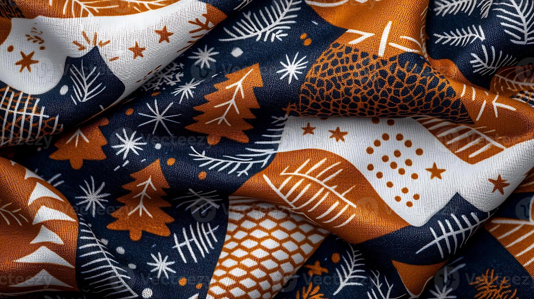 Colorful fabric with intricate patterns featuring trees, stars, and geometric shapes in autumn hues photo