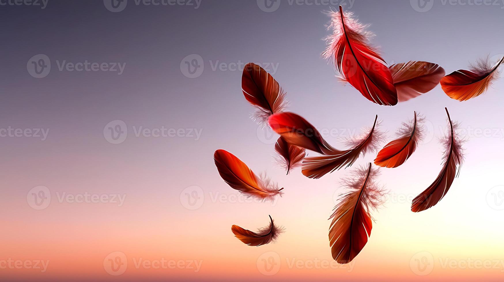 Colorful feathers gently floating against a serene sunset sky, creating a tranquil atmosphere photo