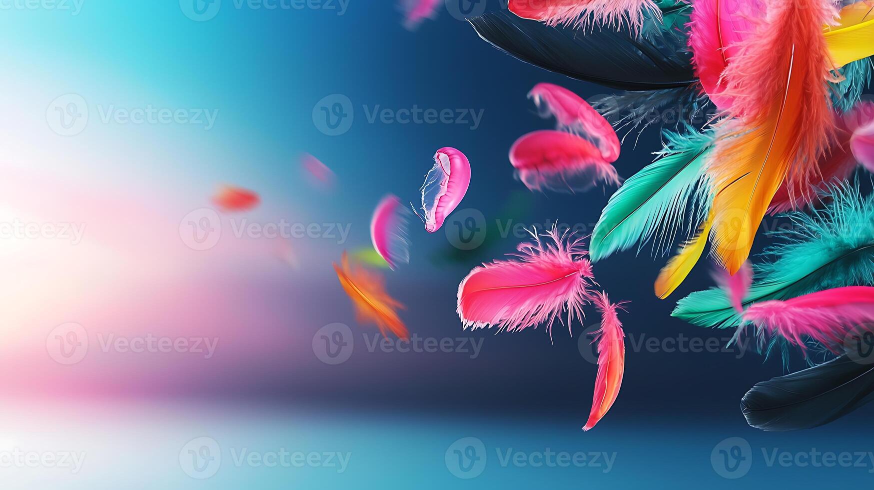 Colorful feathers floating gracefully against a vibrant background at sunset, creating a whimsical atmosphere photo