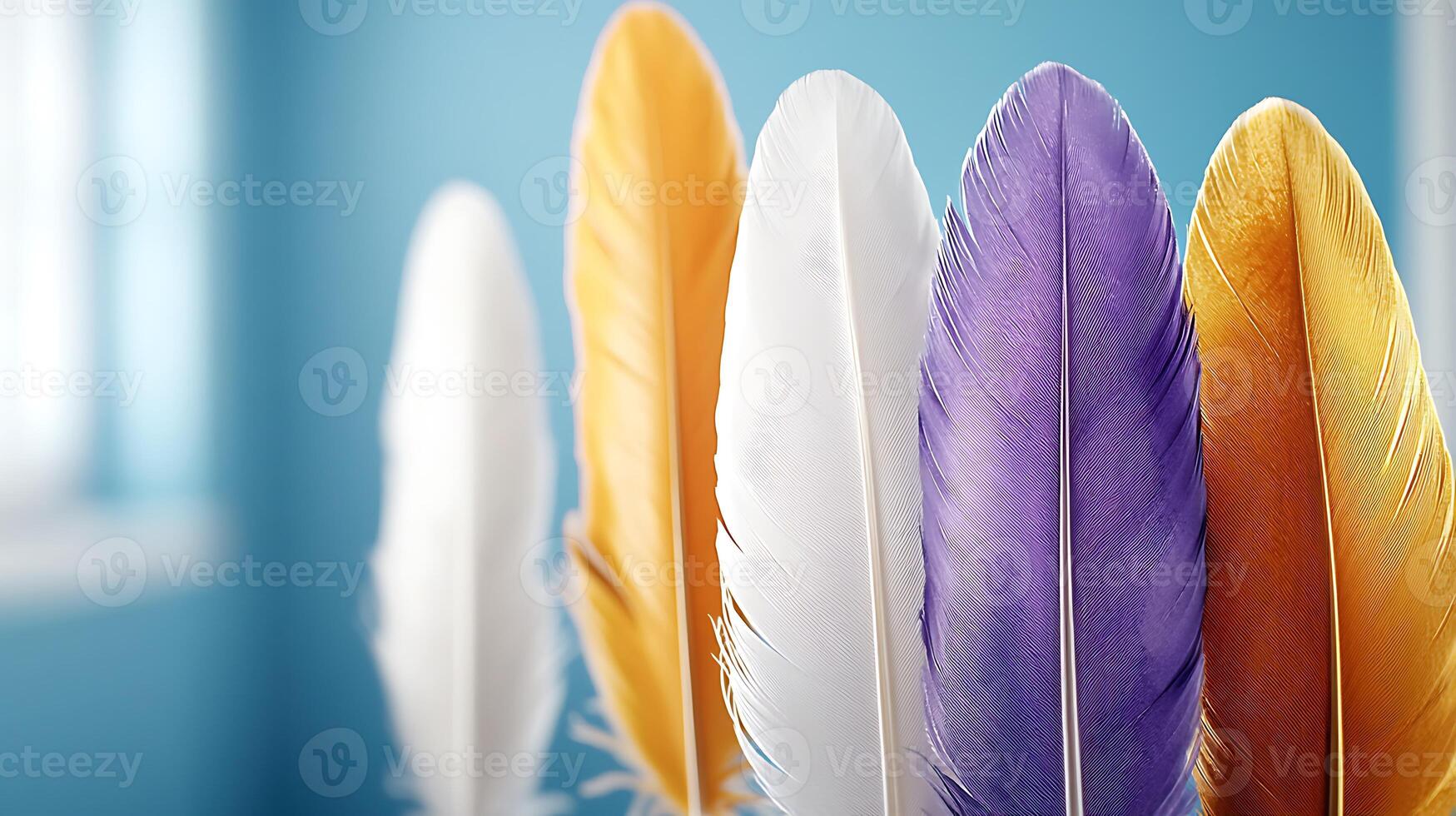 Colorful feathers arranged in a row against a soft blue background with natural light photo