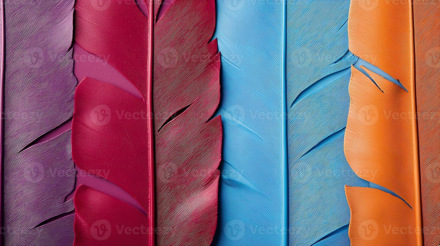 Colorful feathers arranged in a row showcasing vibrant hues and textures against a neutral background photo