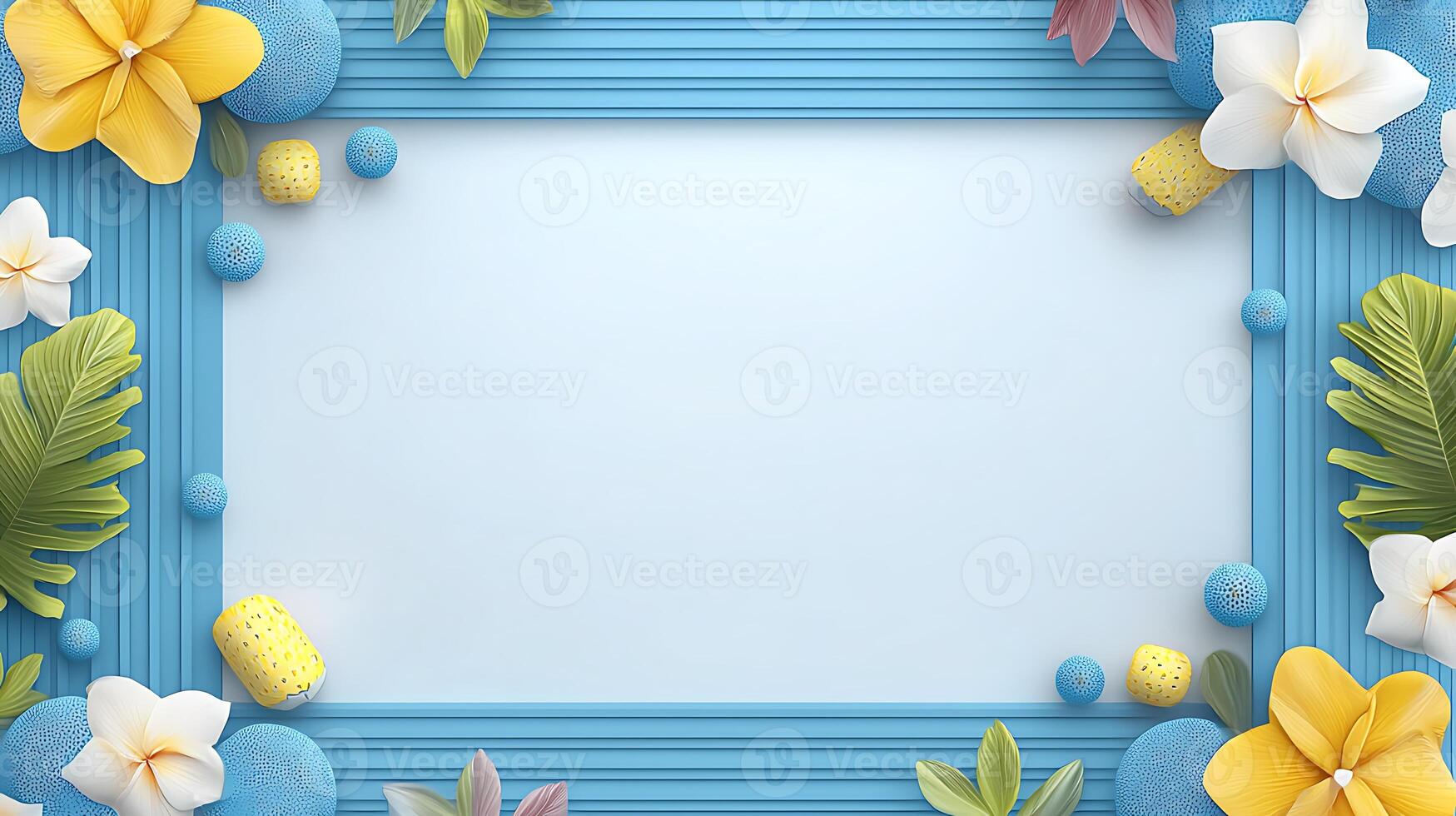 Colorful floral frame with blue background, featuring tropical leaves and flowers, ideal for invitations photo