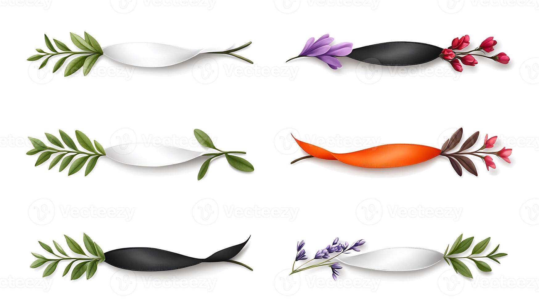 Colorful floral ribbons with various leaves and flowers arranged in a decorative pattern photo