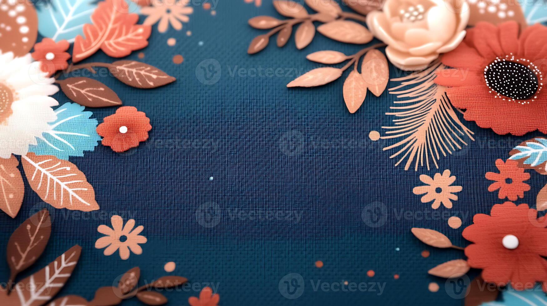 Colorful floral arrangement with intricate paper flowers on a deep blue textured background photo