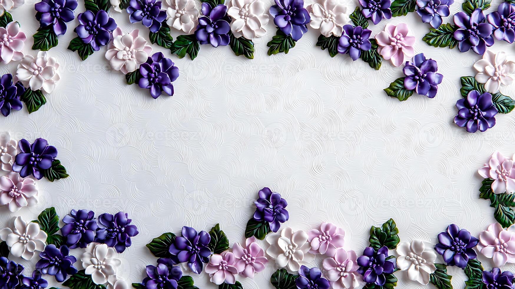 Colorful floral arrangement with purple and pink flowers on a textured white background photo