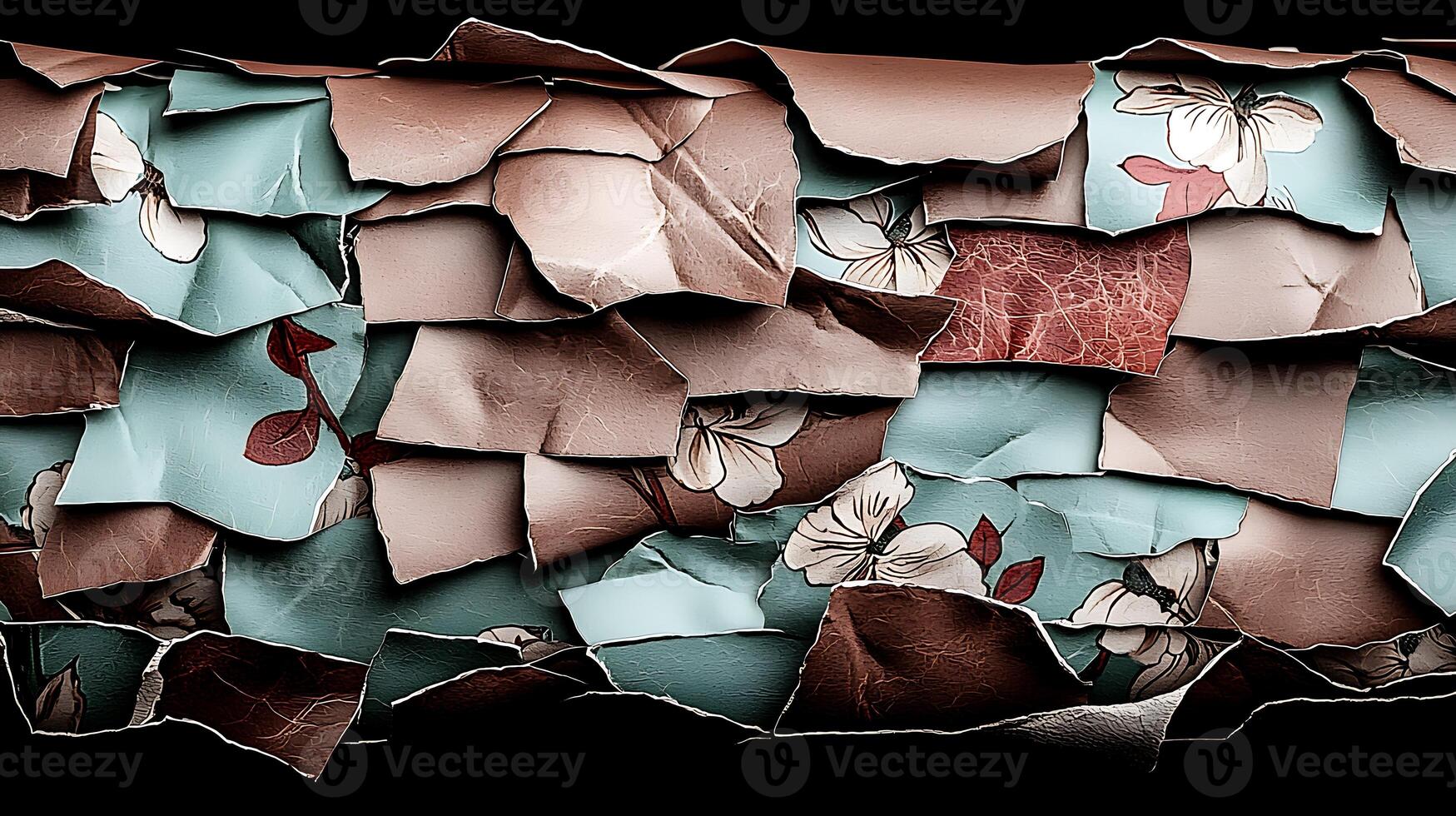 Colorful floral patterns on cracked and peeling leather, showcasing textures and layers photo