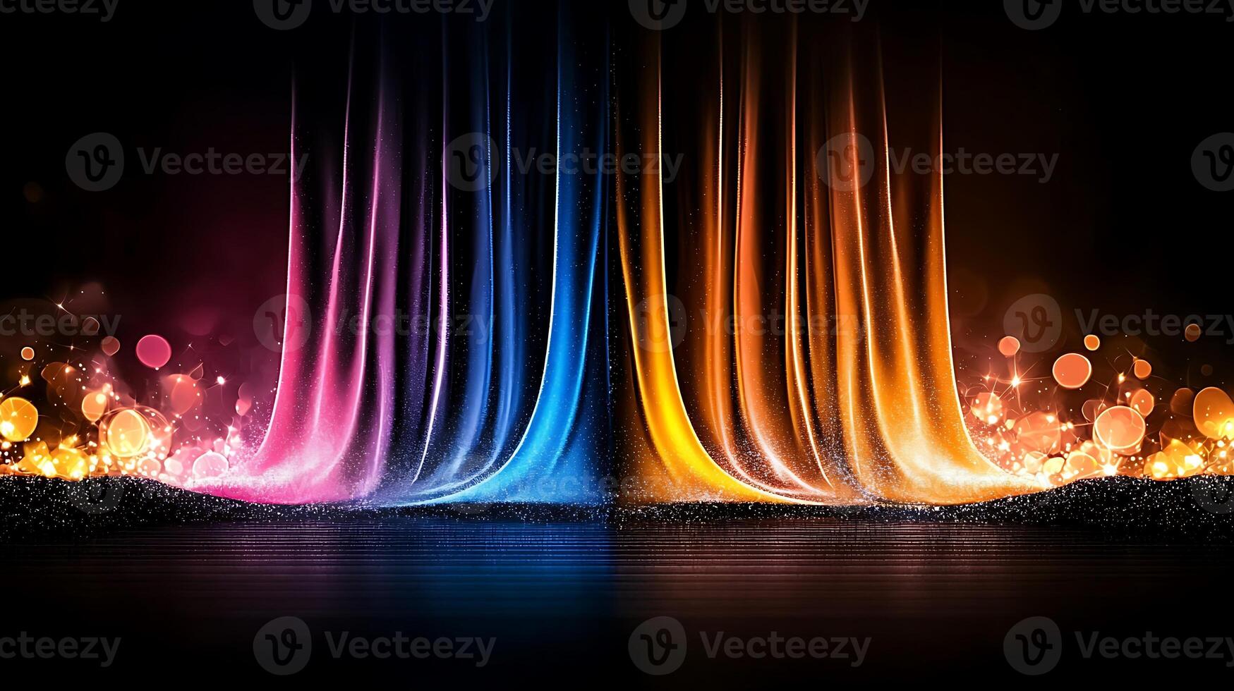 Colorful flowing curtains with vibrant lights creating a dramatic stage backdrop at night photo