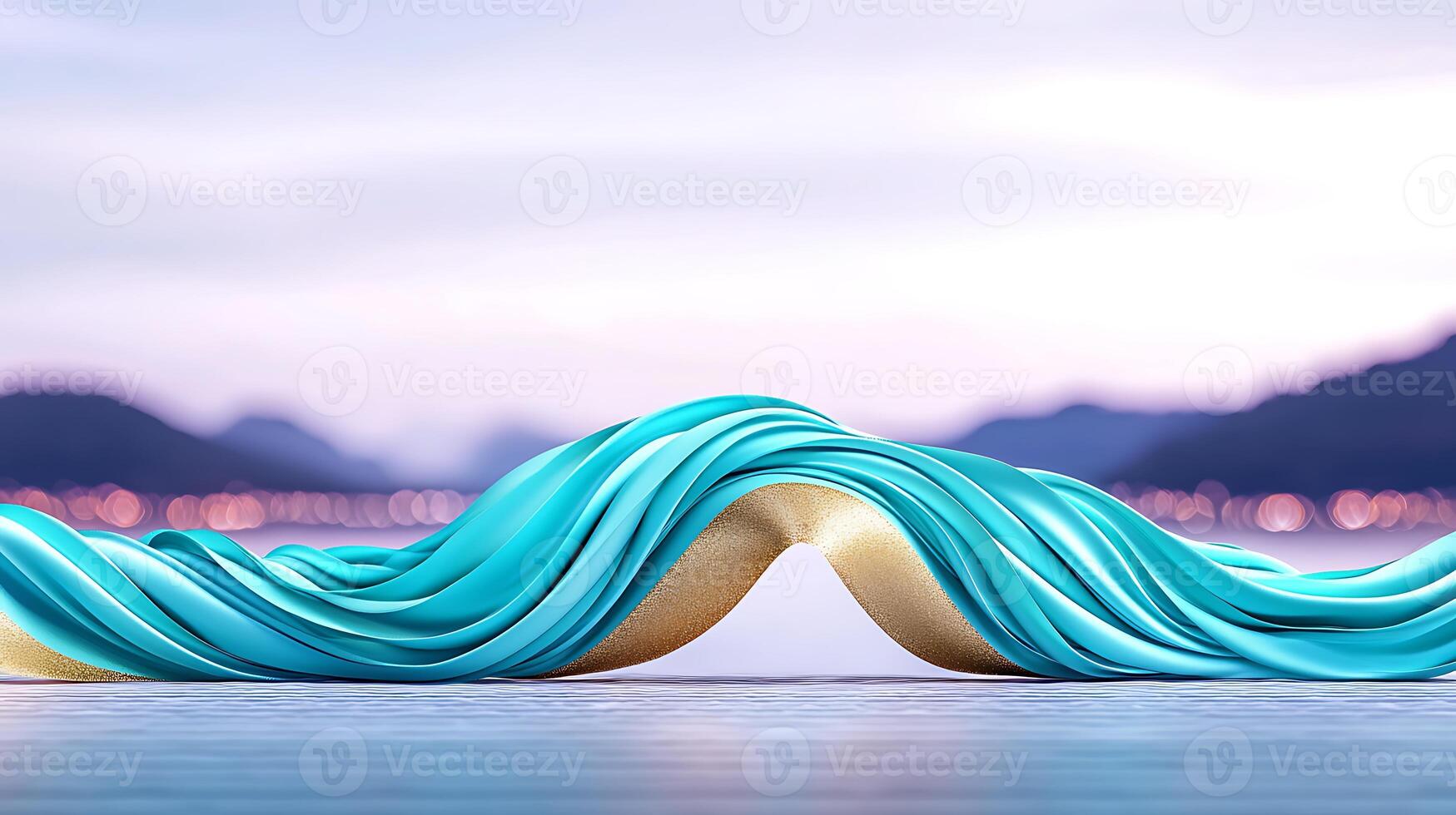 Colorful flowing fabric draped over a surface, with a serene landscape and soft lighting in the background photo