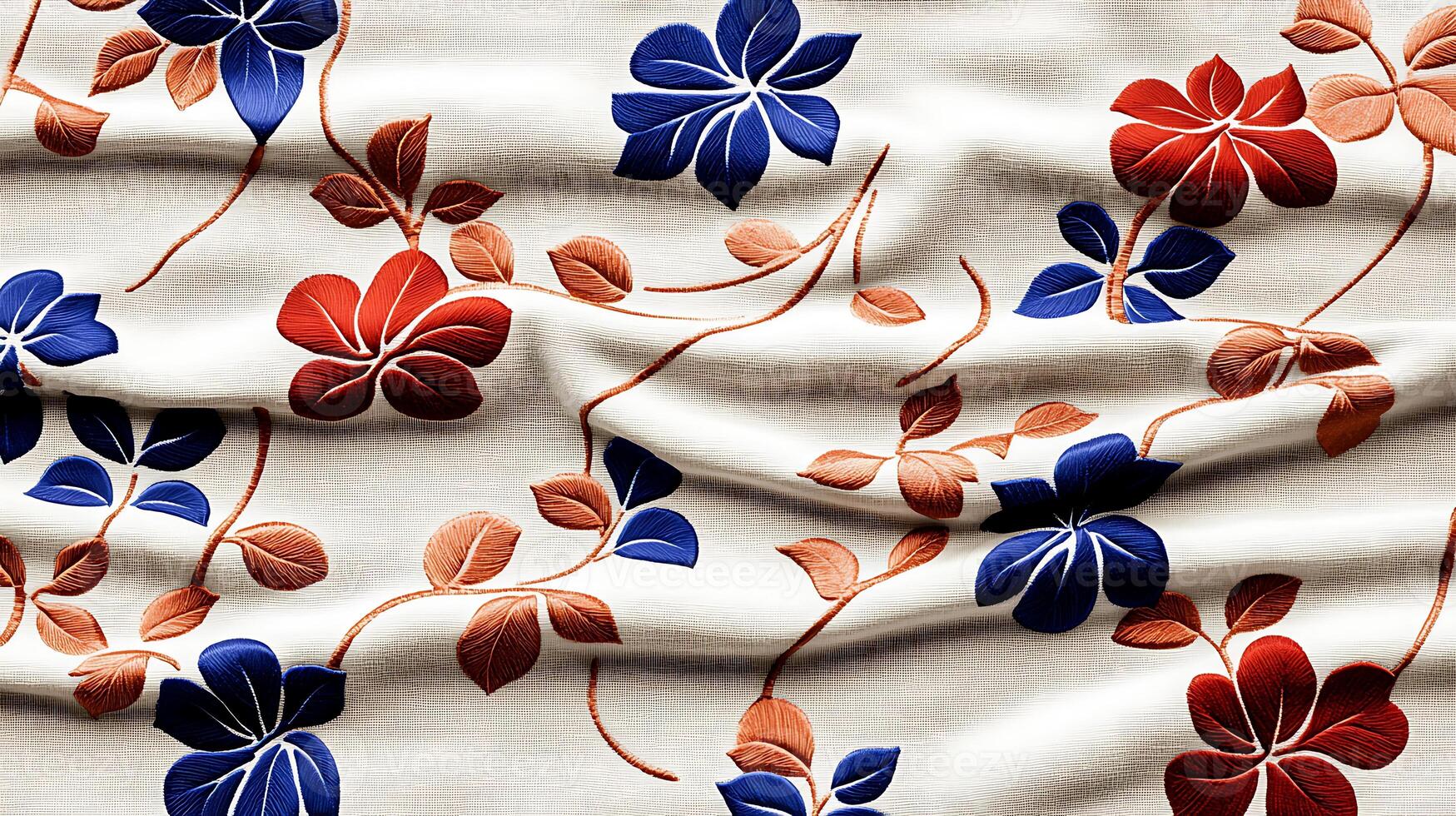Colorful floral pattern on textured fabric, showcasing vibrant blooms in red, blue, and beige photo