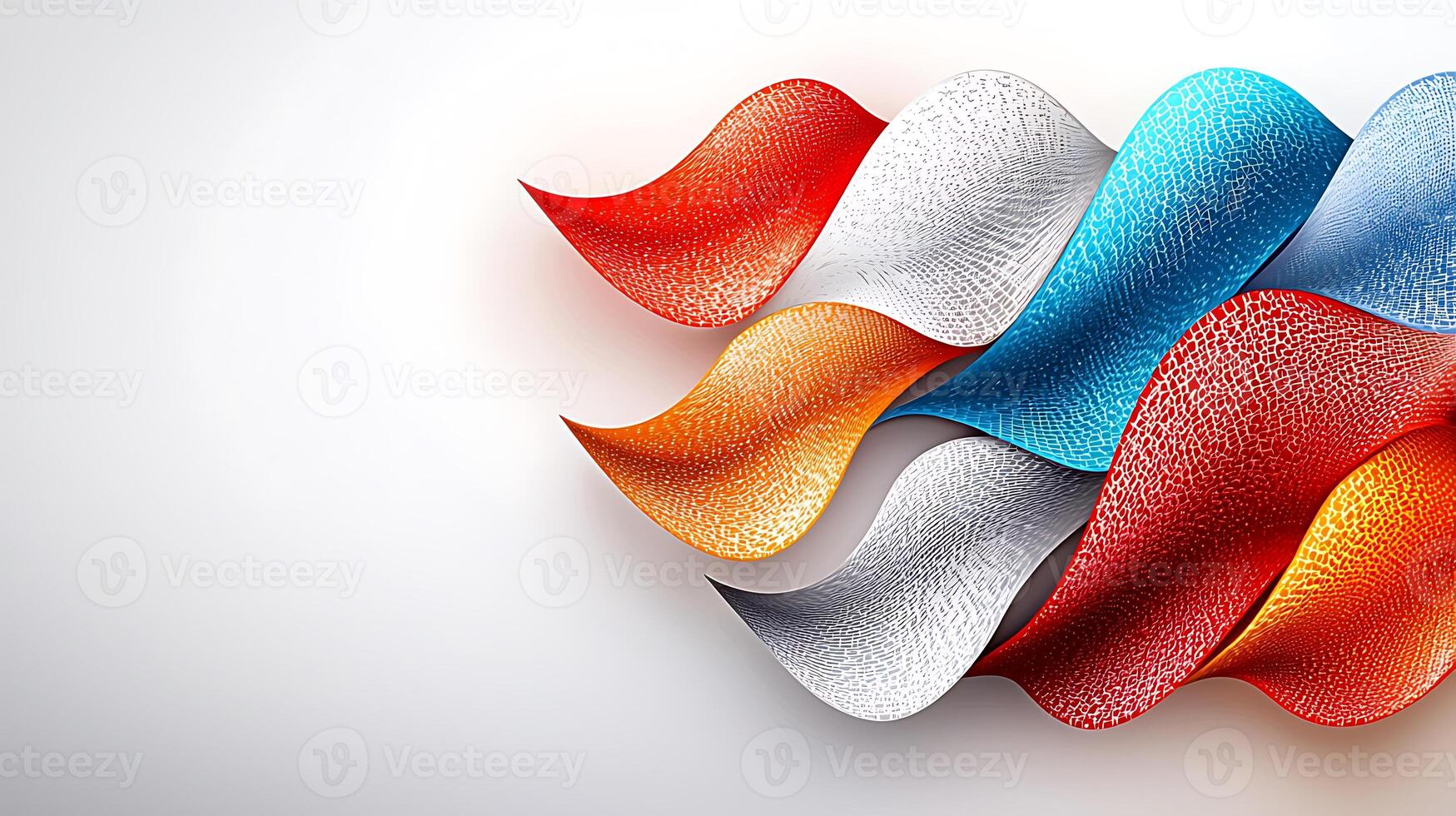 Colorful flowing fabric waves in red, white, and blue against a soft gradient background photo