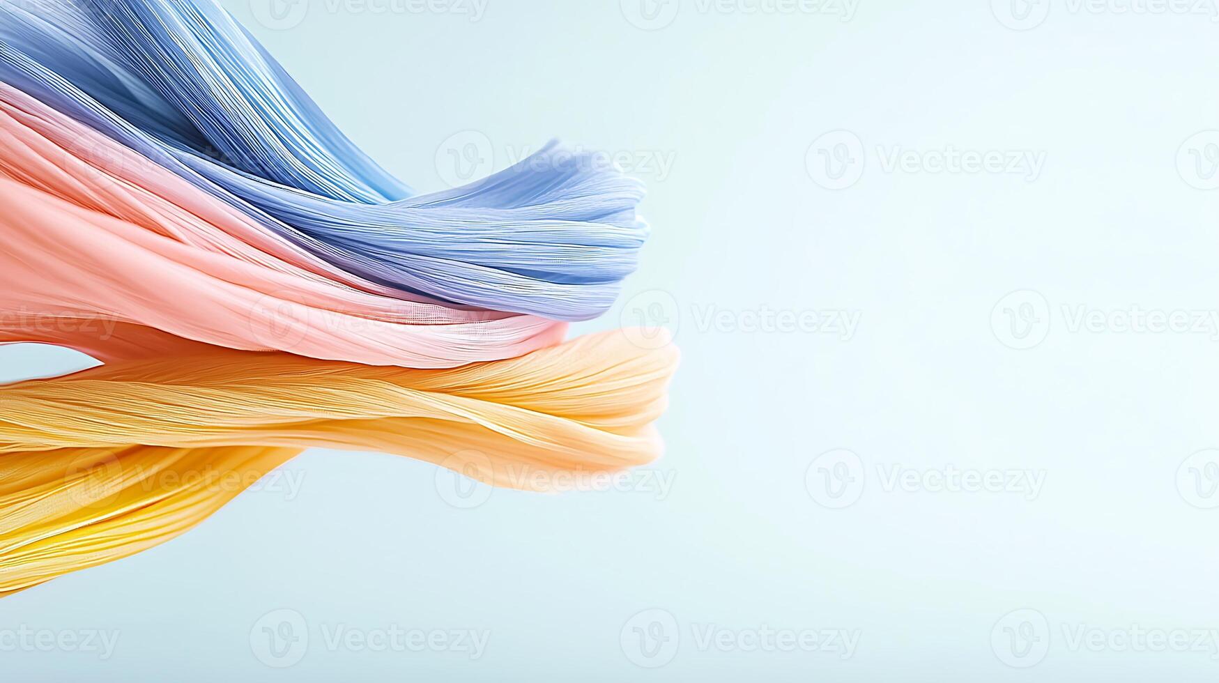 Colorful flowing strands of textile fibers in pastel hues against a soft gradient background photo
