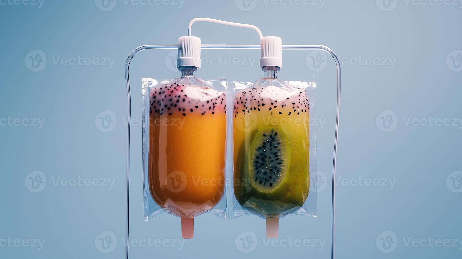 Colorful fruit drinks in IV bags with a soft blue background, showcasing vibrant textures and flavors photo