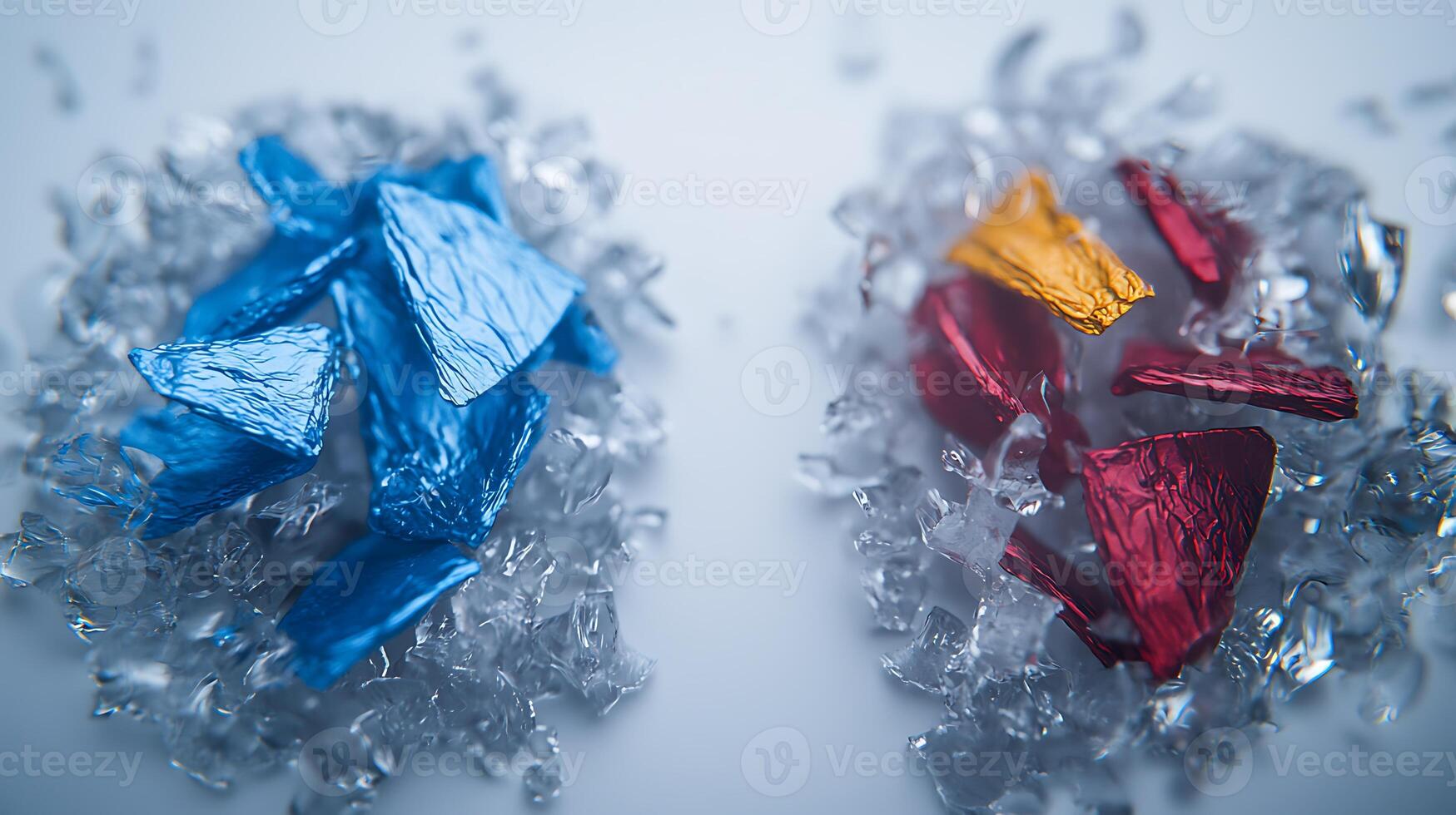 Colorful foil pieces on ice shards, creating a vibrant still life with reflections photo