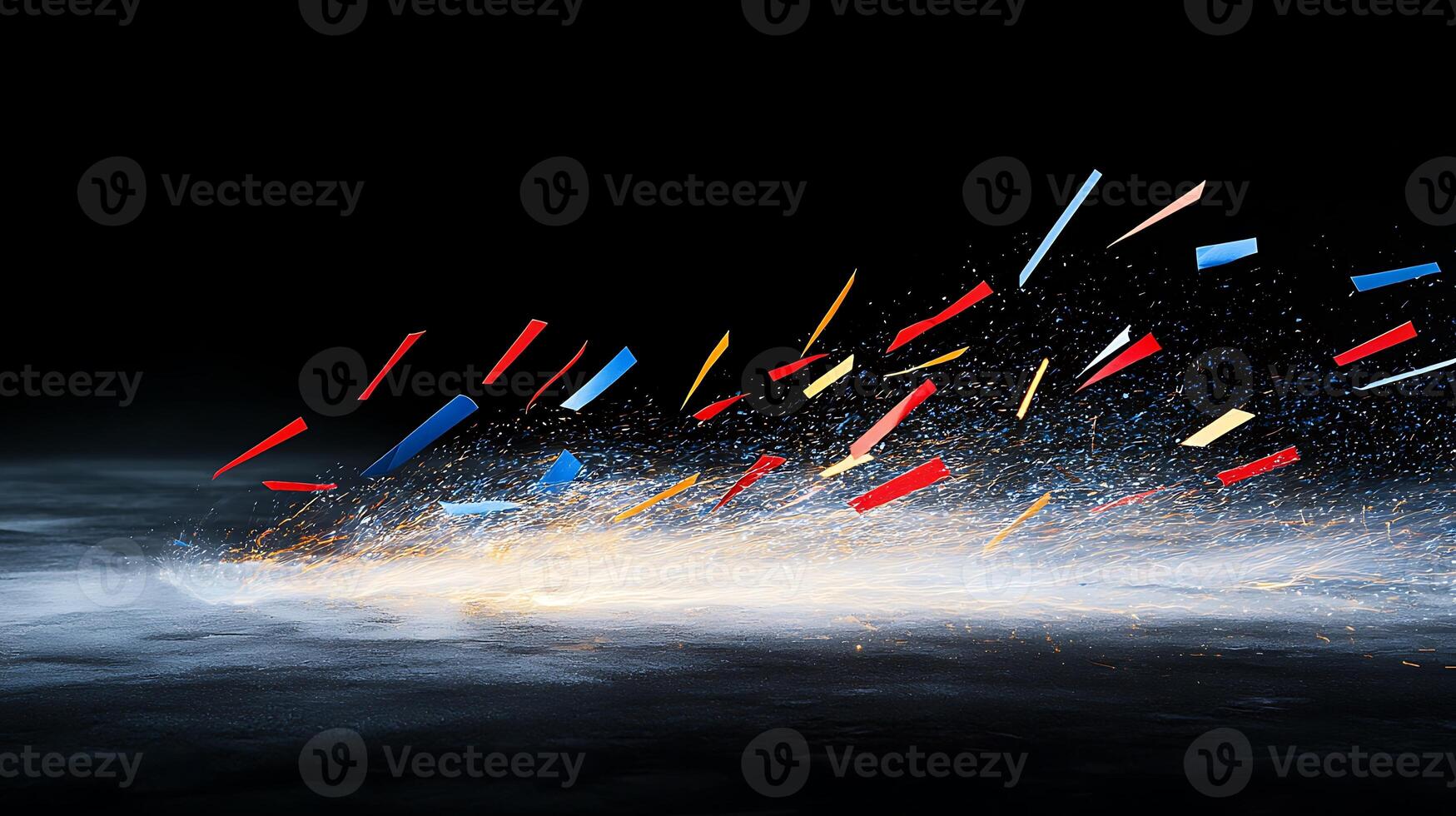 Colorful fragments burst dynamically from a central point against a dark background, creating a sense of motion photo