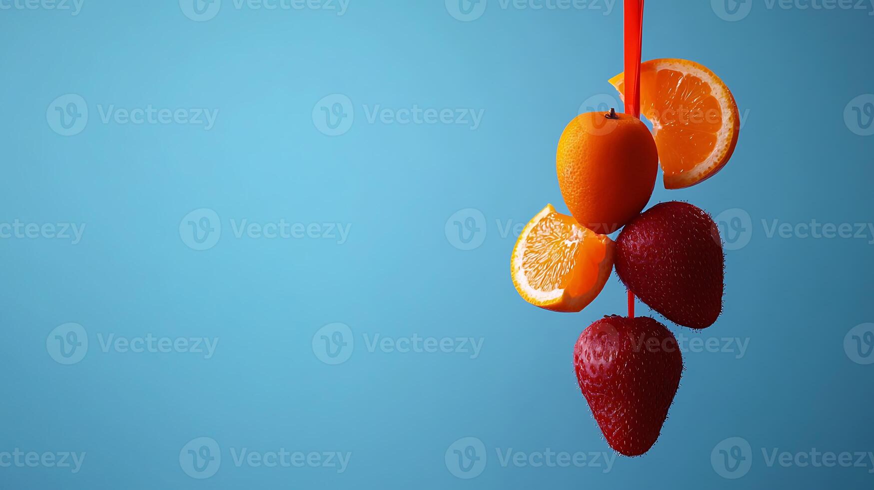 Colorful fruit arrangement suspended on a straw against a blue background, showcasing freshness photo
