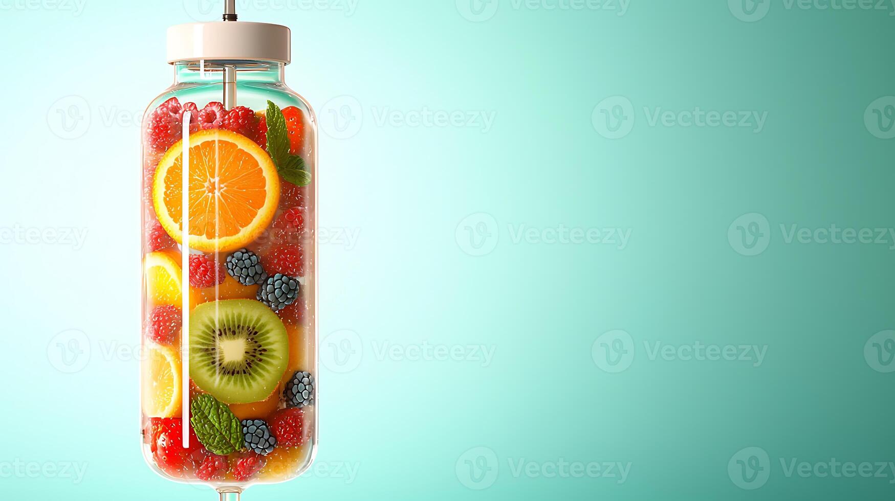 Colorful fruit infusion in a clear bottle against a light blue background, showcasing freshness photo