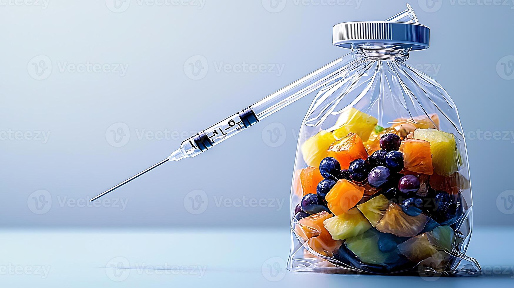 Colorful fruit salad in a clear bag with a syringe, symbolizing health and nutrition trends photo