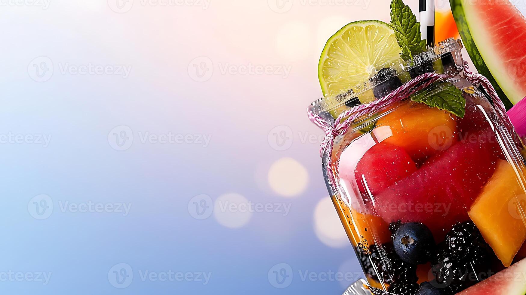 Colorful fruit salad in a glass jar with mint and lime, set against a soft gradient background photo