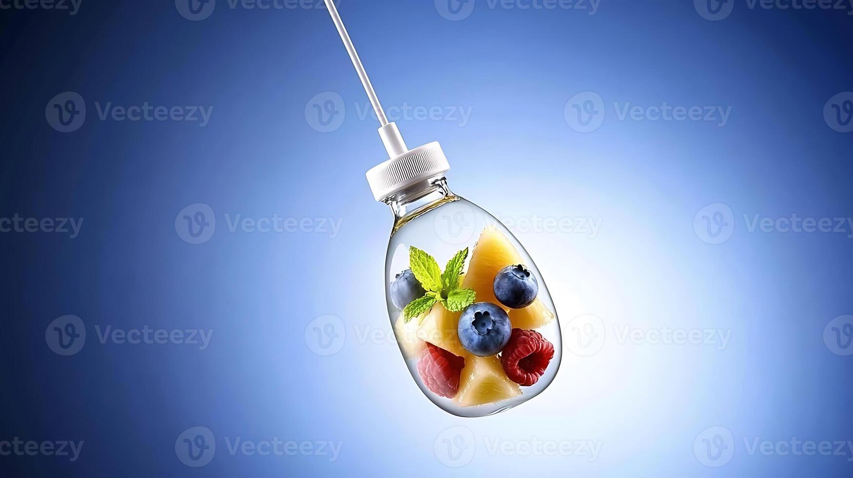 Colorful fruit salad suspended in a glass container against a blue gradient background photo