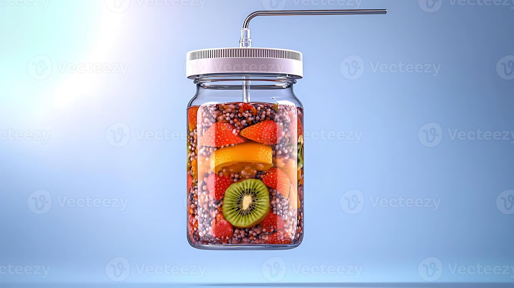Colorful fruit-infused drink in a jar with a straw against a soft blue background photo