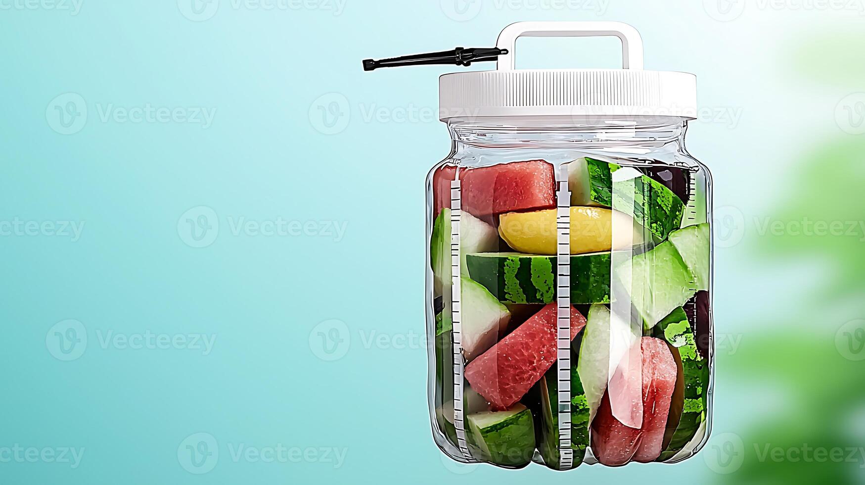 Colorful fruit-infused water jar with various fruits, set against a soft gradient background photo