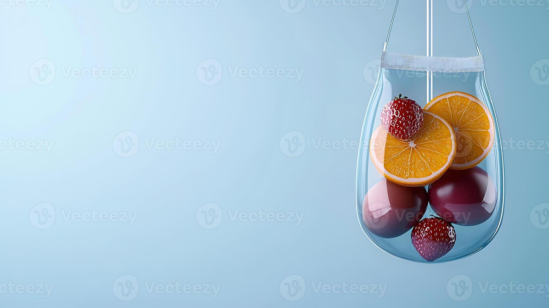 Colorful fruits suspended in a glass container against a soft blue background, showcasing freshness photo