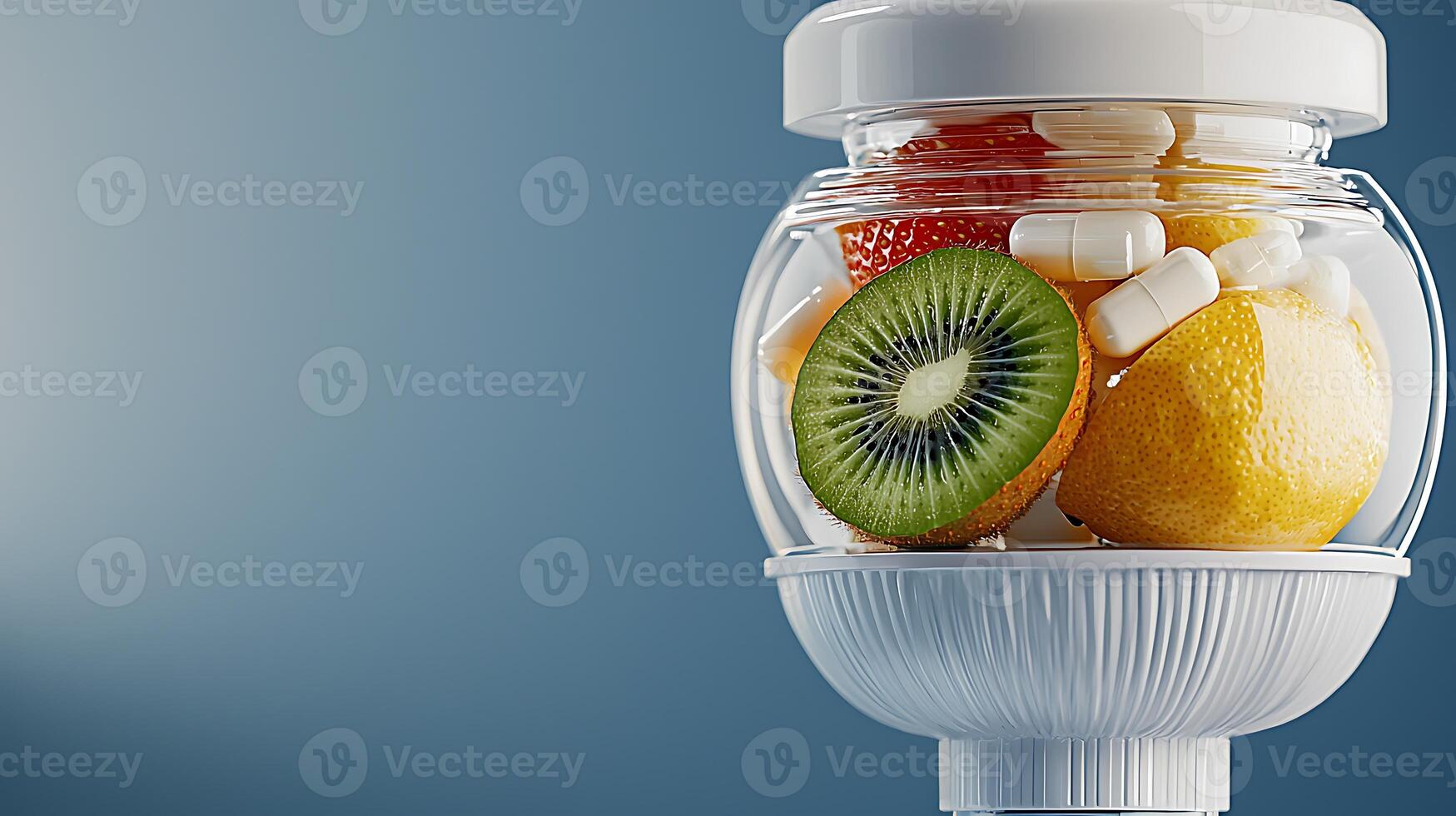 Colorful fruits and supplements displayed in a modern glass container against a soft gradient background photo