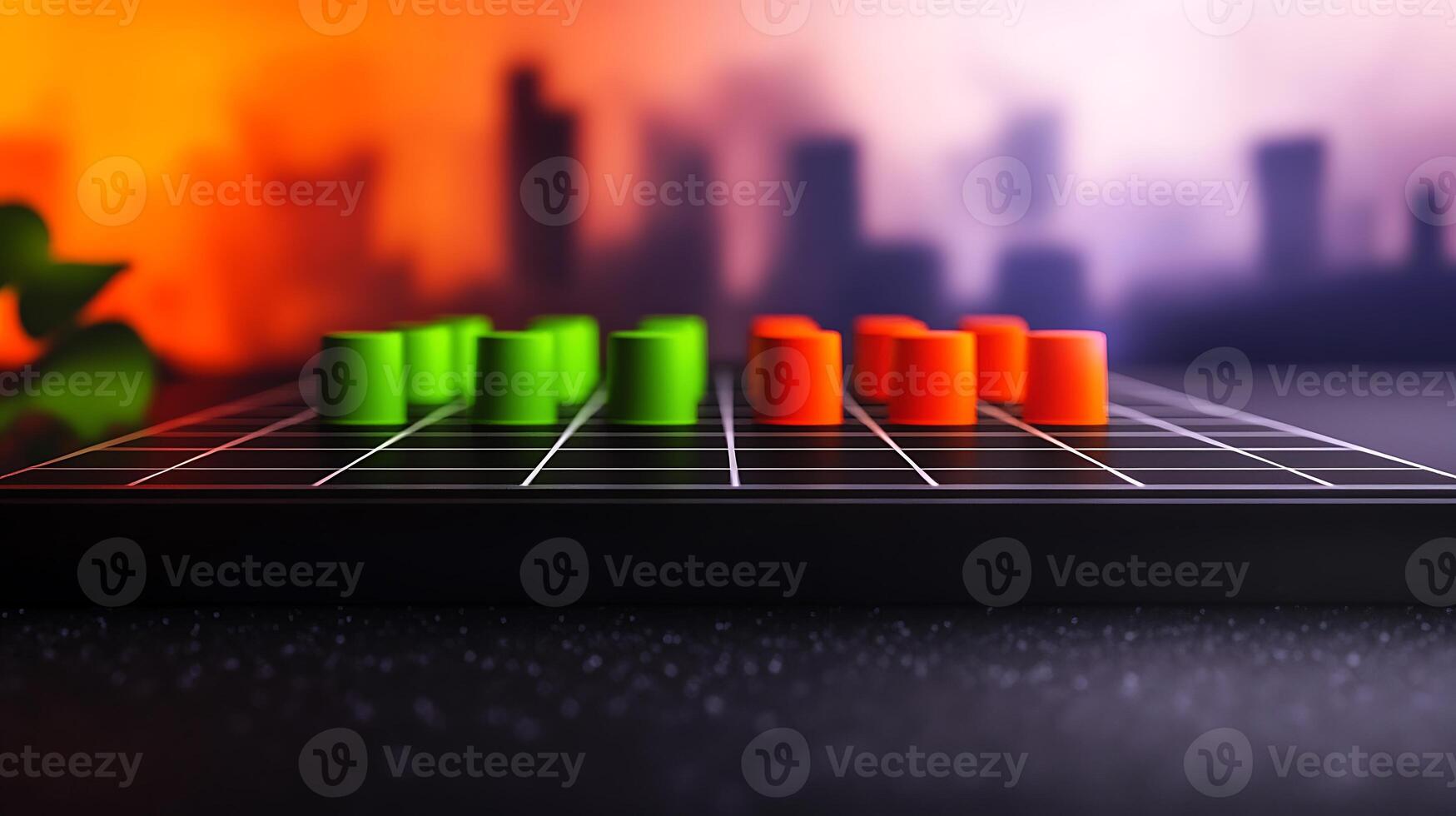 Colorful game pieces arranged on a grid board with a blurred city skyline in the background photo