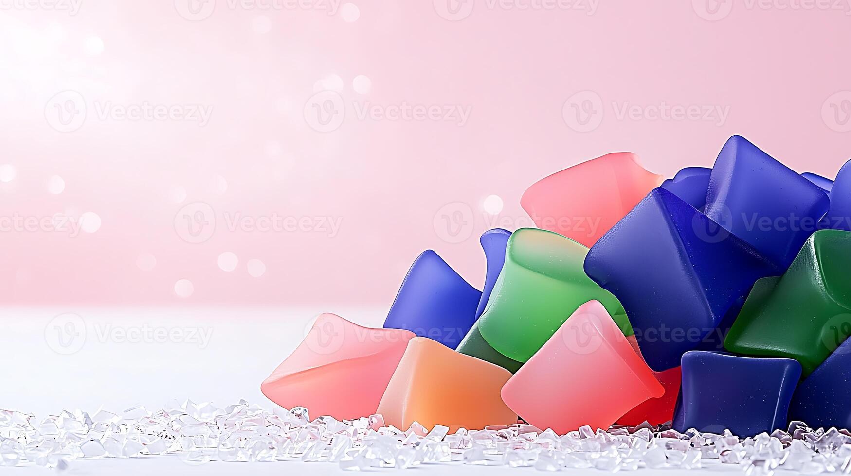 Colorful gel cubes scattered on a soft surface with a blurred pink background, ideal for creative projects photo