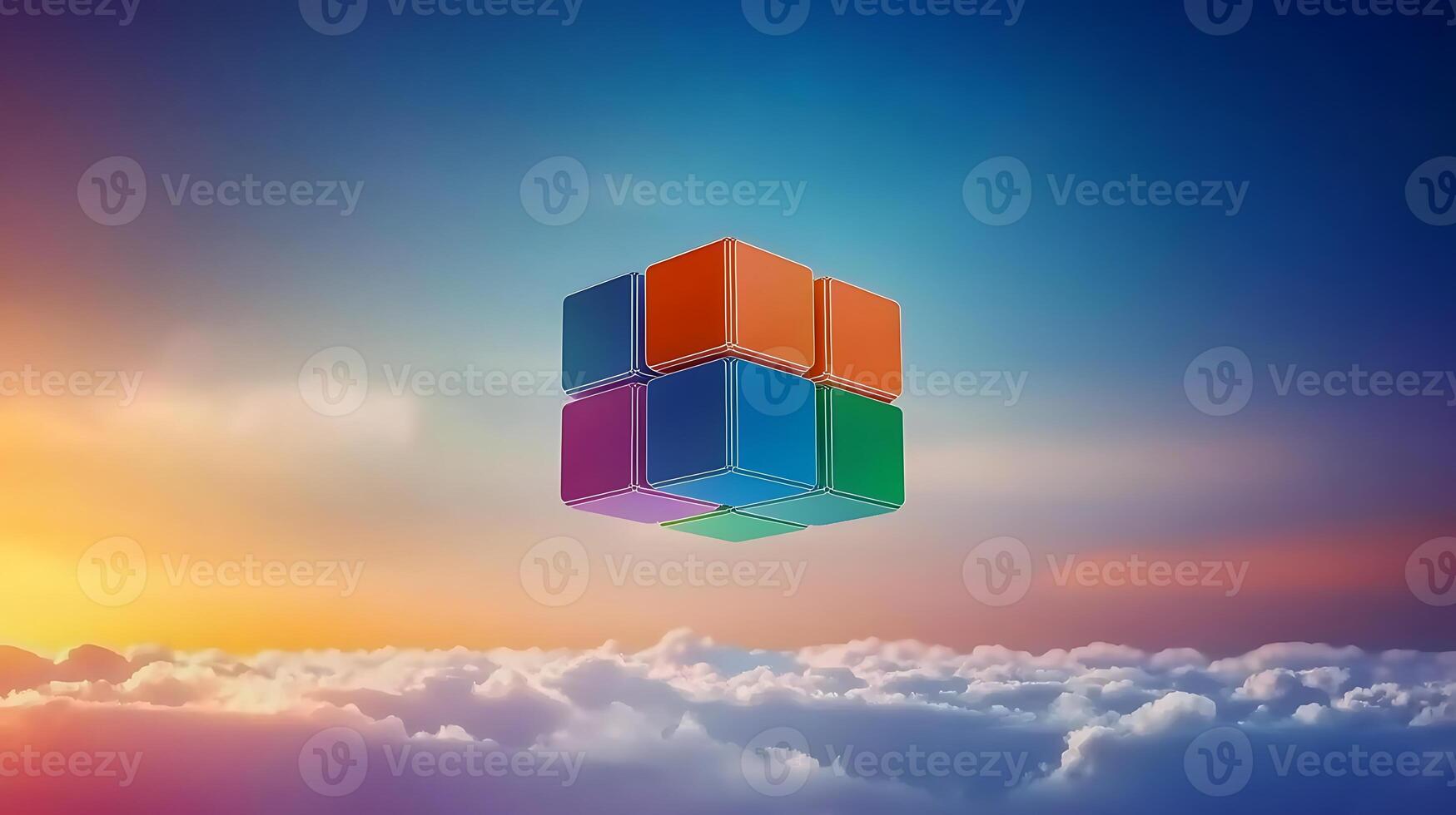 Colorful geometric cube floating above clouds during a vibrant sunset, symbolizing creativity photo
