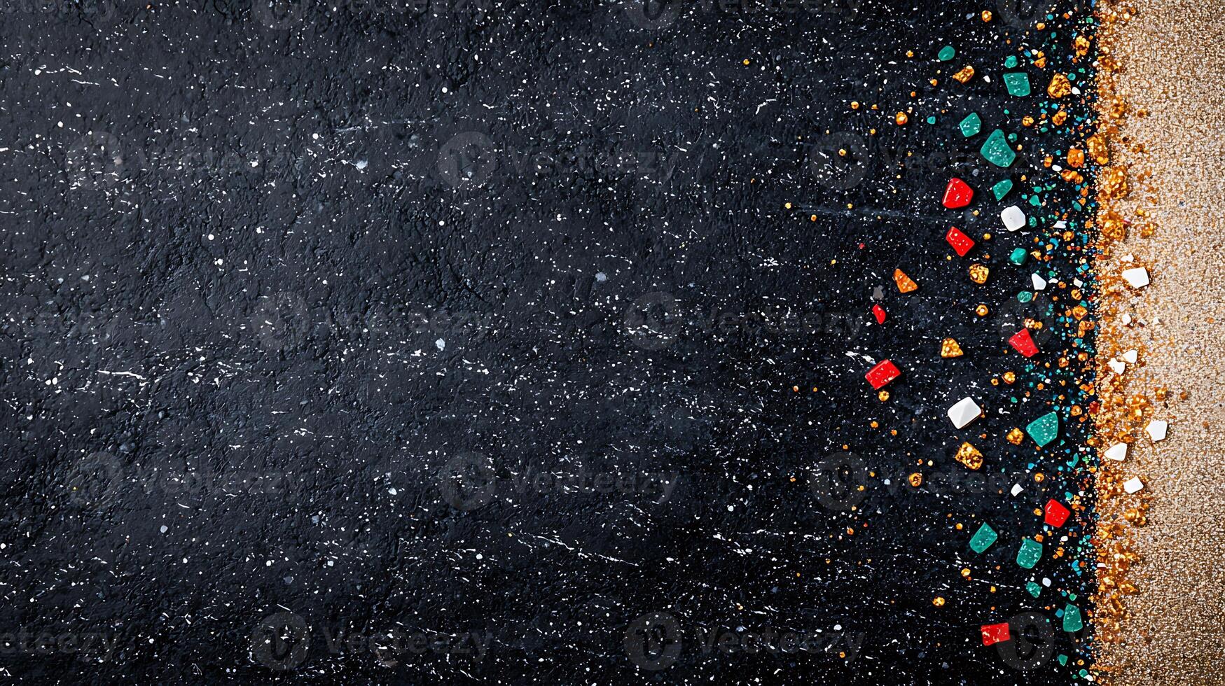 Colorful gemstones scattered on a dark surface, blending into sandy texture, creating a striking contrast photo