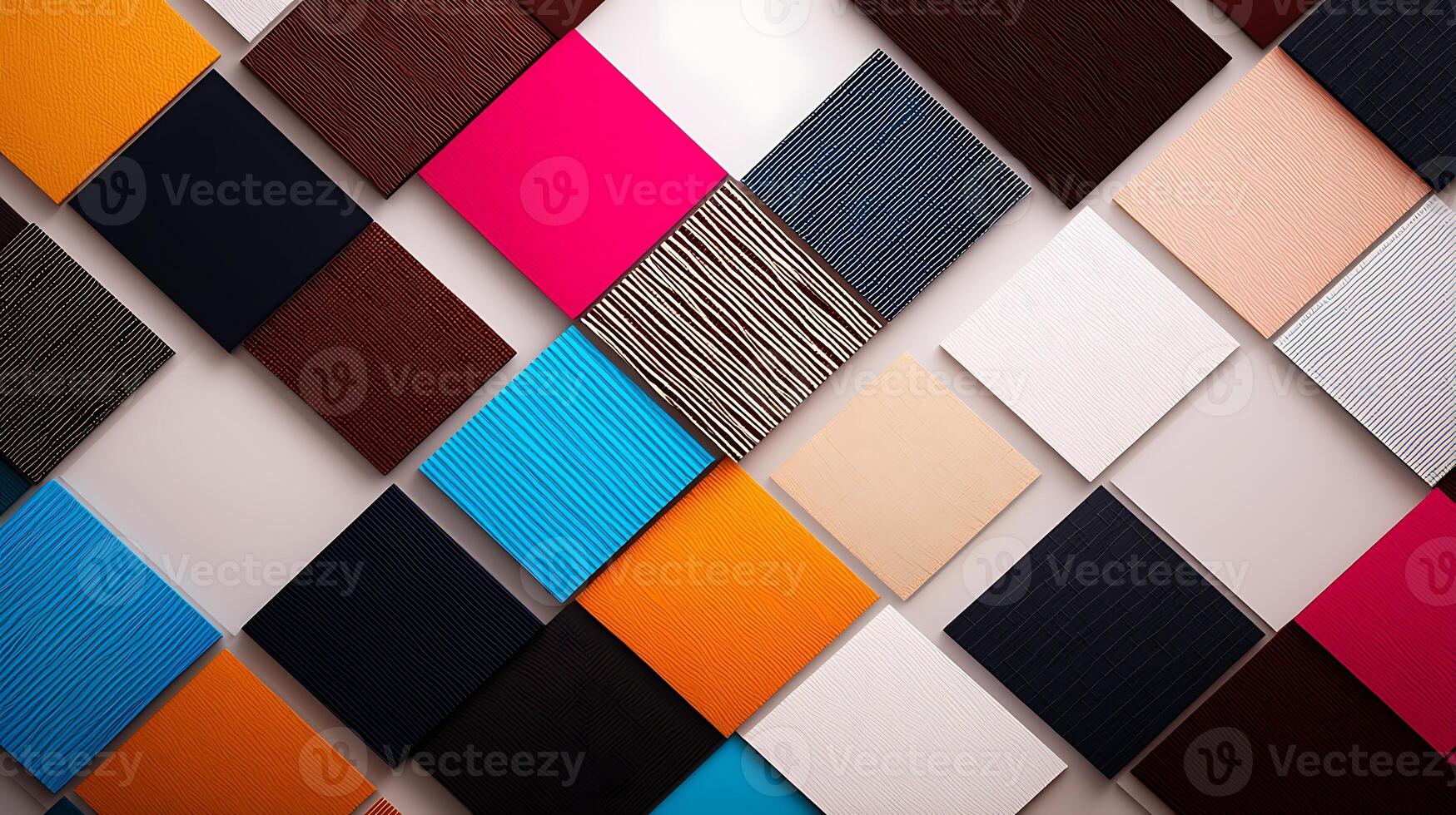 Colorful geometric arrangement of various textured panels on a wall, showcasing design possibilities photo