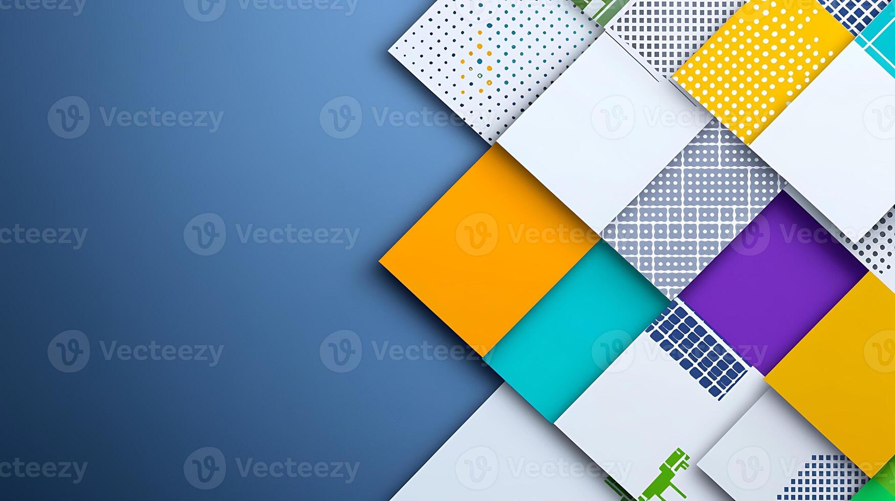 Colorful geometric patterns arranged on a blue background, creating a modern abstract design photo