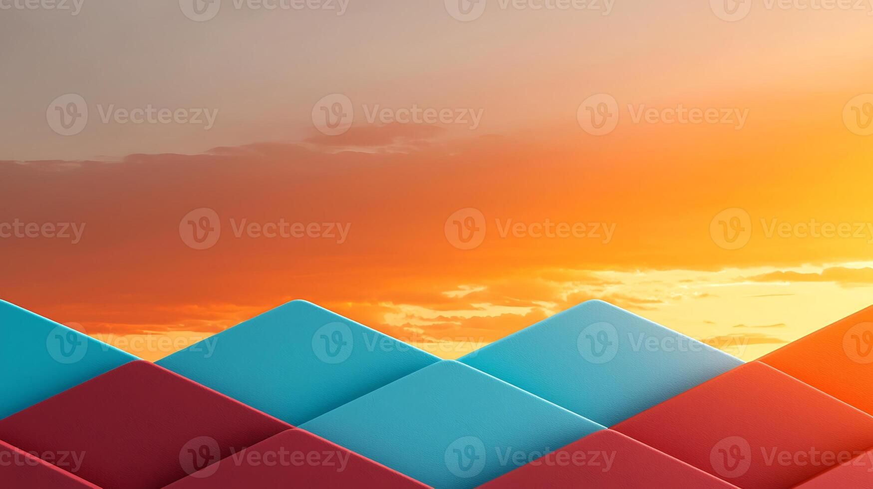 Colorful geometric shapes against a vibrant sunset sky, creating a visually striking scene photo