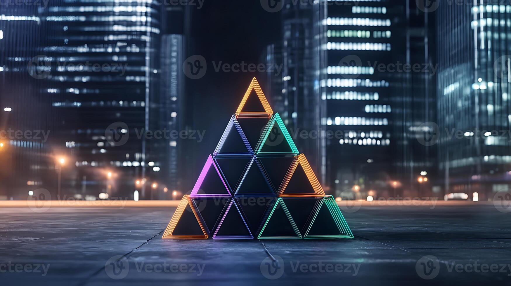 Colorful geometric pyramid structure illuminated at night in a modern urban cityscape photo