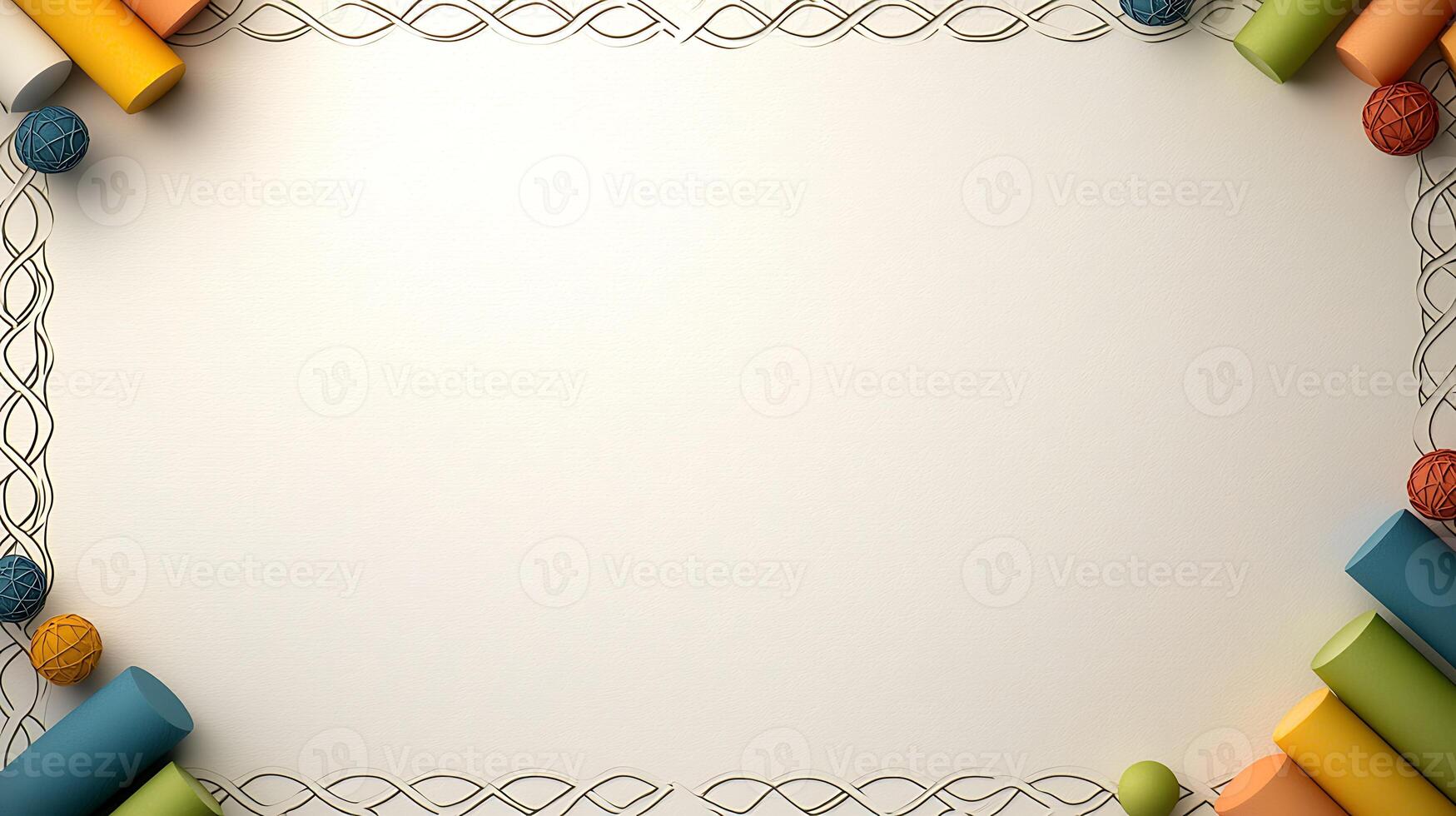 Colorful geometric shapes arranged around a blank canvas, ideal for creative designs and invitations photo