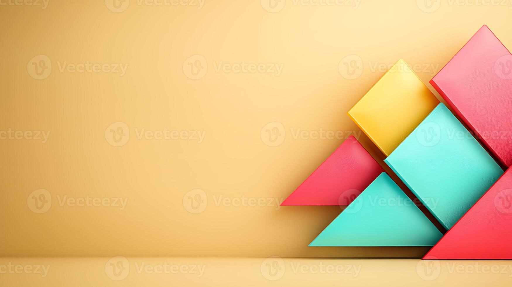Colorful geometric shapes arranged playfully against a soft yellow background, ideal for design photo